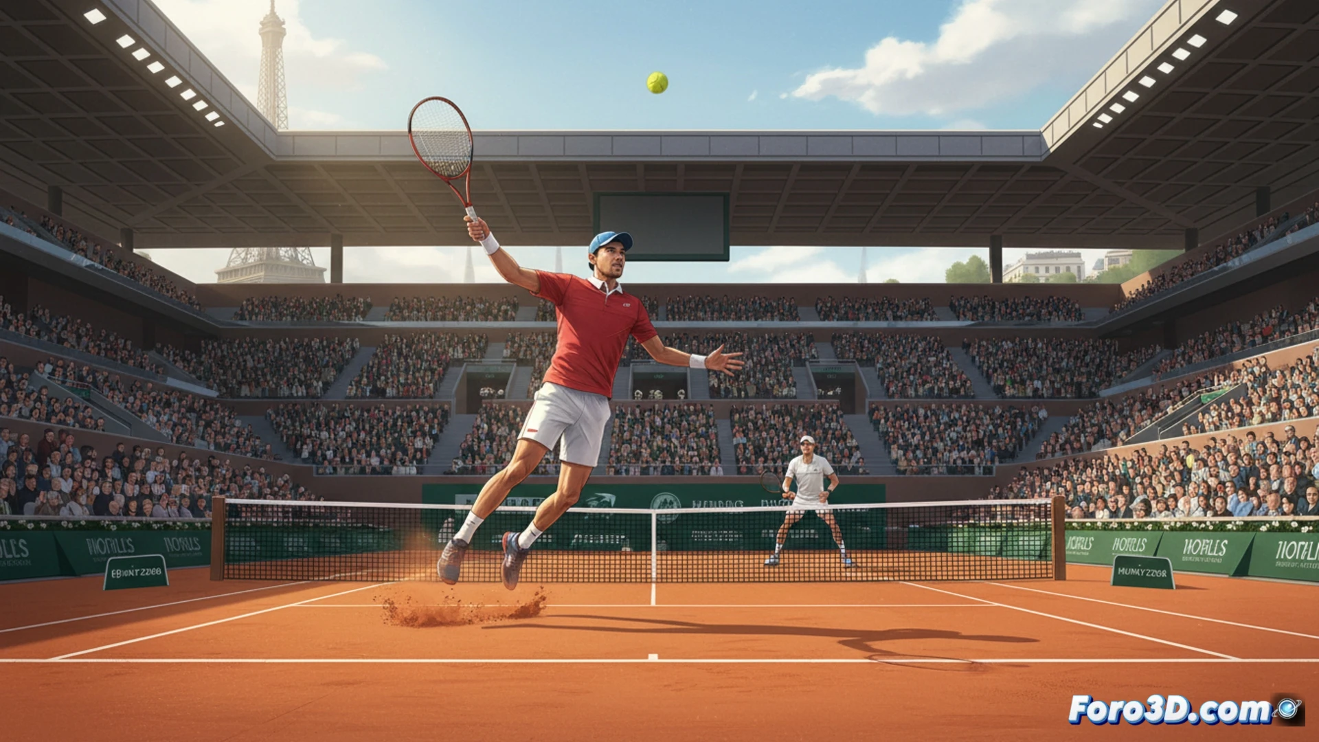 tennis player Jaume Munar executing a topspin forehand on red clay court, ball compressing against racket strings mid-strike, clay particles spraying upward from footwork, opponent Hubert Hurkacz positioned in defensive stance across net, Roland Garros stadium background with grandstand shadows, action shot during point play, photorealistic sports photography style, dramatic sunlight casting long shadows, high-speed shutter effect freezing motion, sweat droplets visible, clay dust on shoes, ultra-detailed texture of racket and court surface, cinematic lighting emphasizing tension