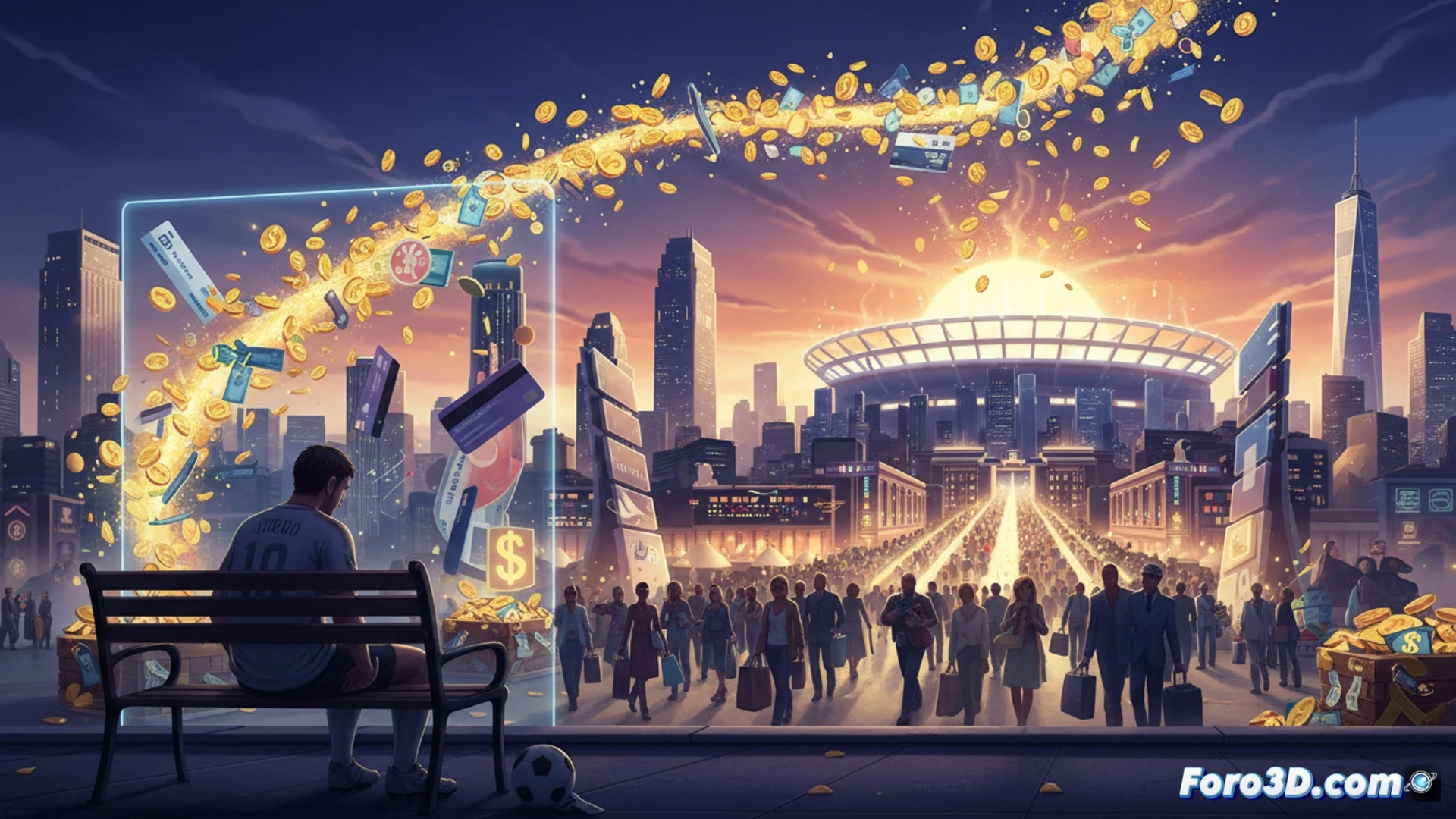 MetLife Stadium interior at sunset, massive crowd pouring through gates during World Cup match, ticket scanners glowing red as fans blocked by error messages on digital kiosks, luxury suites visible above empty lower seats, street vendor outside selling overpriced hot dogs while a family checks flight prices on a cracked smartphone, cinematic photorealistic visualization, dramatic contrast between stadium floodlights and darkening sky, architectural details of steel beams and LED screens, gritty urban texture, hyperrealistic crowd faces showing frustration and awe