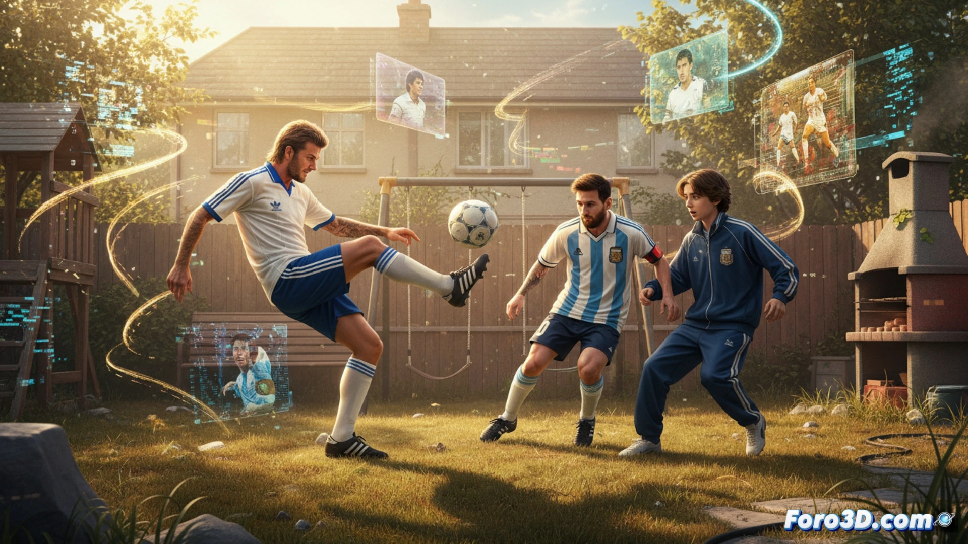 Un patio trasero noventero con Messi, Beckham y Chalamet, iluminado por destellos de IA que mezclan nostalgia y tecnología.