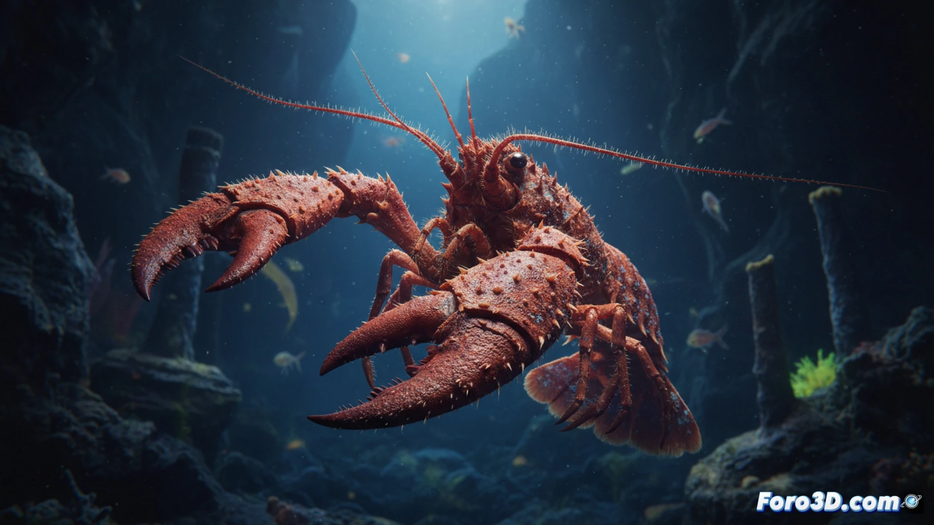 Modelo 3D detallado de Munidopsis sp., langosta abisal con pinzas gigantes y ojos reducidos en fondo oceánico oscuro.