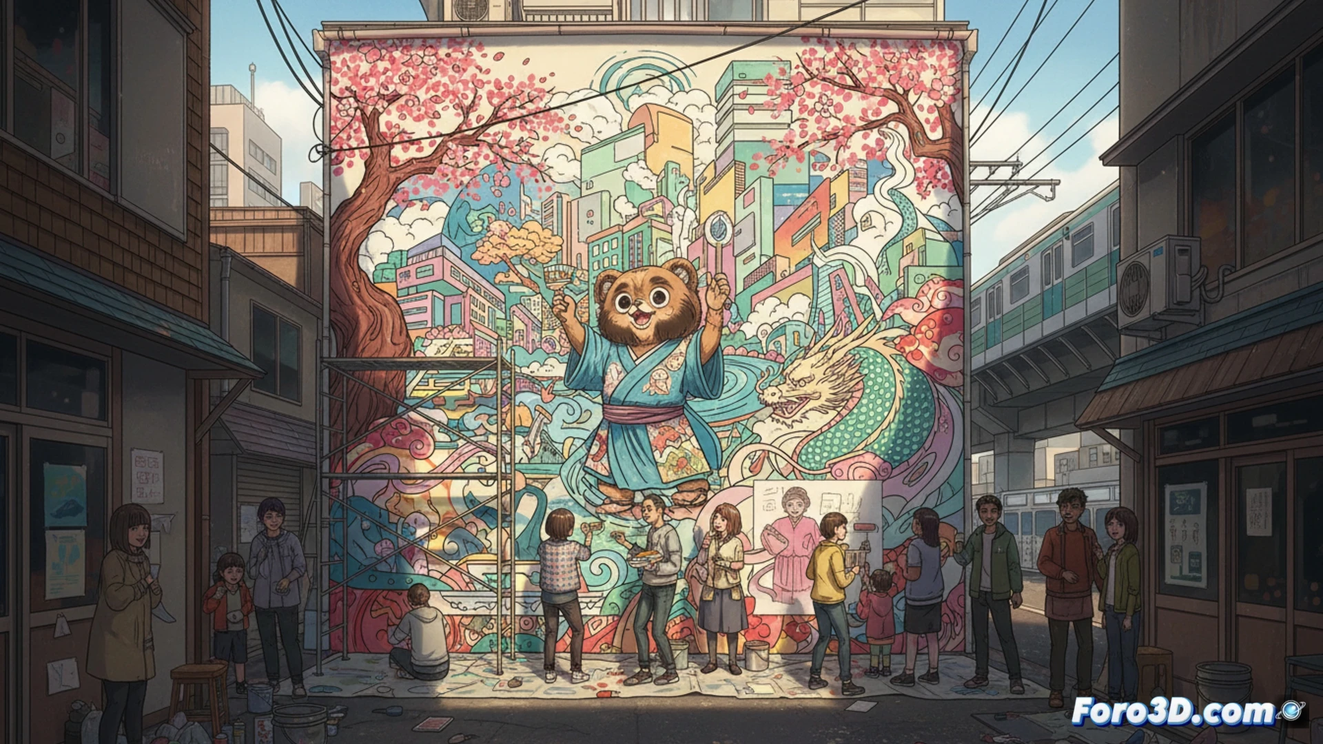 Un artista pinta un mural vibrante en una pared de Osaka, mientras vecinos observan y sonríen, simbolizando la unión entre arte y comunidad.