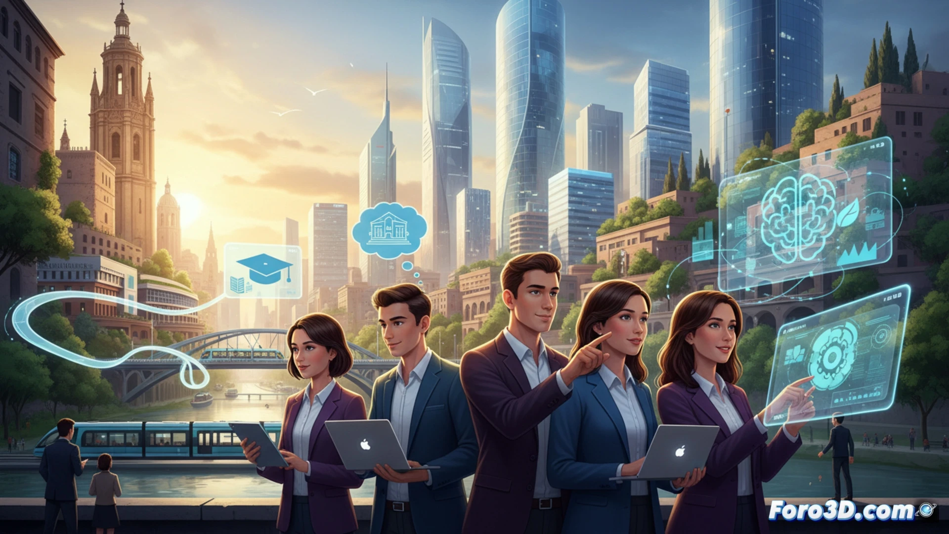 young professionals collaborating in a modern innovation hub, one woman adjusts a holographic circuit board interface while a man demonstrates a green energy prototype on a glass table, solar panel components and 3D-printed mechanical parts scattered around, large windows overlooking Murcia city skyline with palm trees, cinematic architectural visualization, warm sunlight streaming in, clean white and teal workspace, soft lens flare on polished surfaces, photorealistic technical render, action of teamwork and prototype testing, detailed electronic components visible