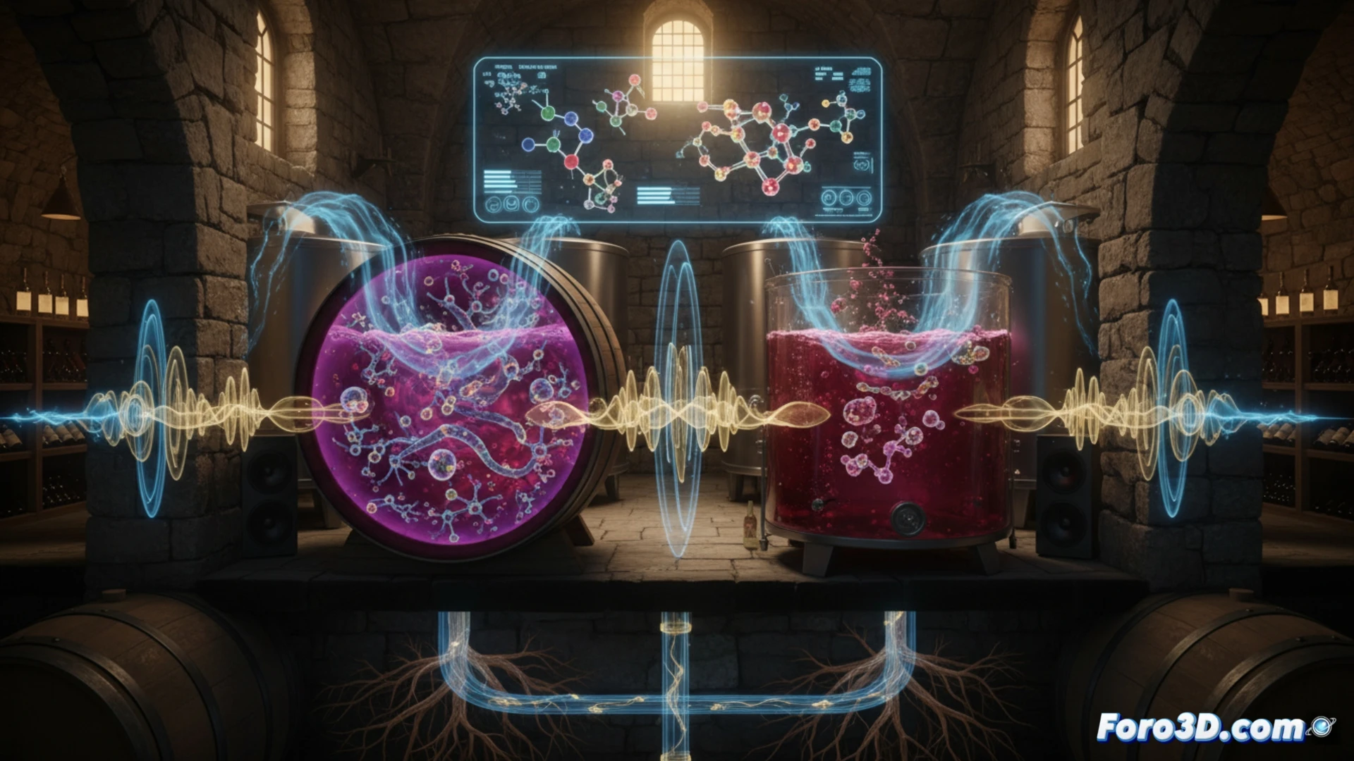 Visualización 3D de ondas sonoras interactuando con moléculas de vino en fermentación, efecto vibracional en compuestos aromáticos