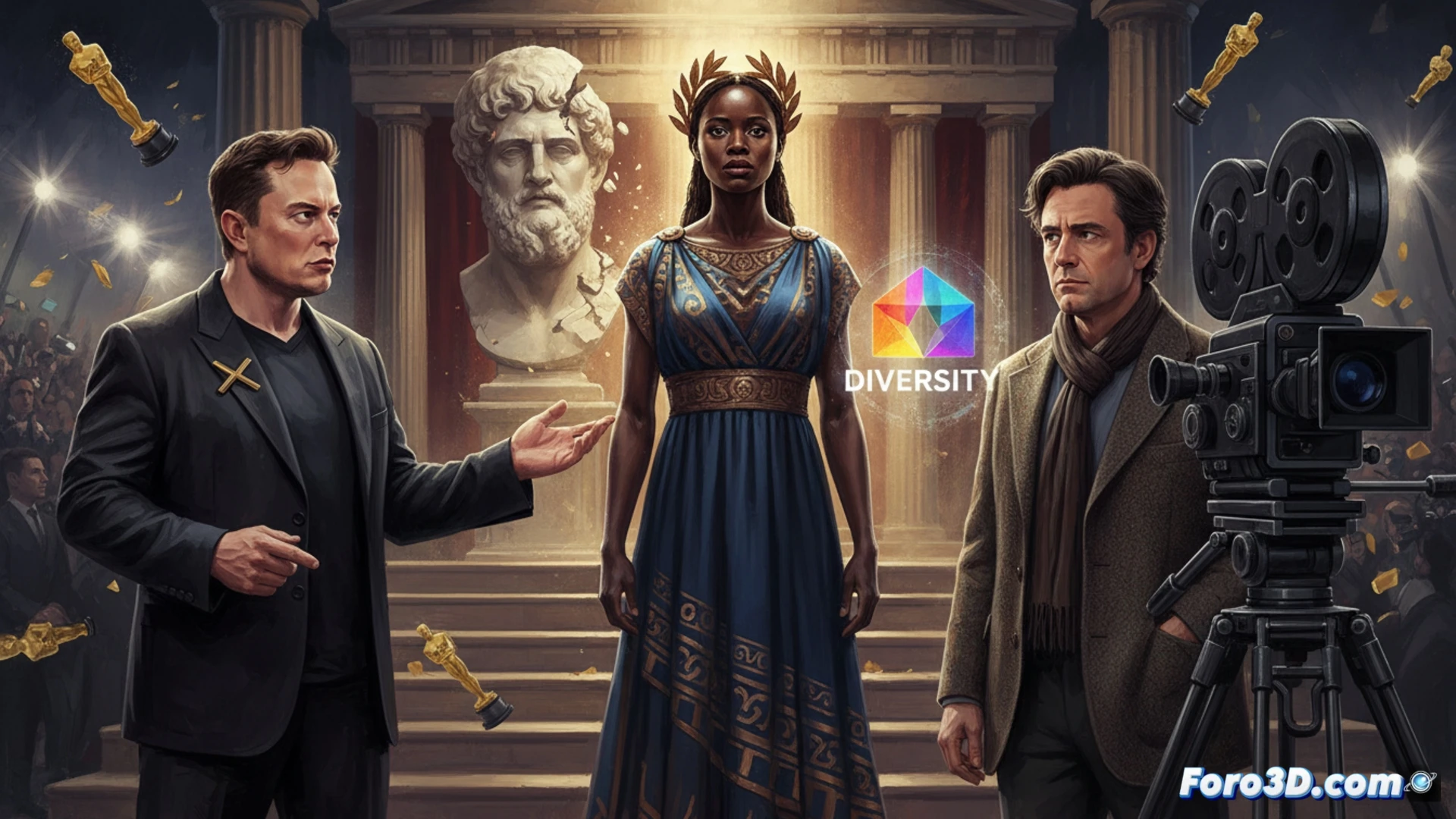 Elon Musk, con gesto airado, señala a un póster de 'Helena de Troya' donde Lupita Nyong'o mira serena, mientras Christopher Nolan, al fondo, sostiene un guion y una estatuilla del Oscar.