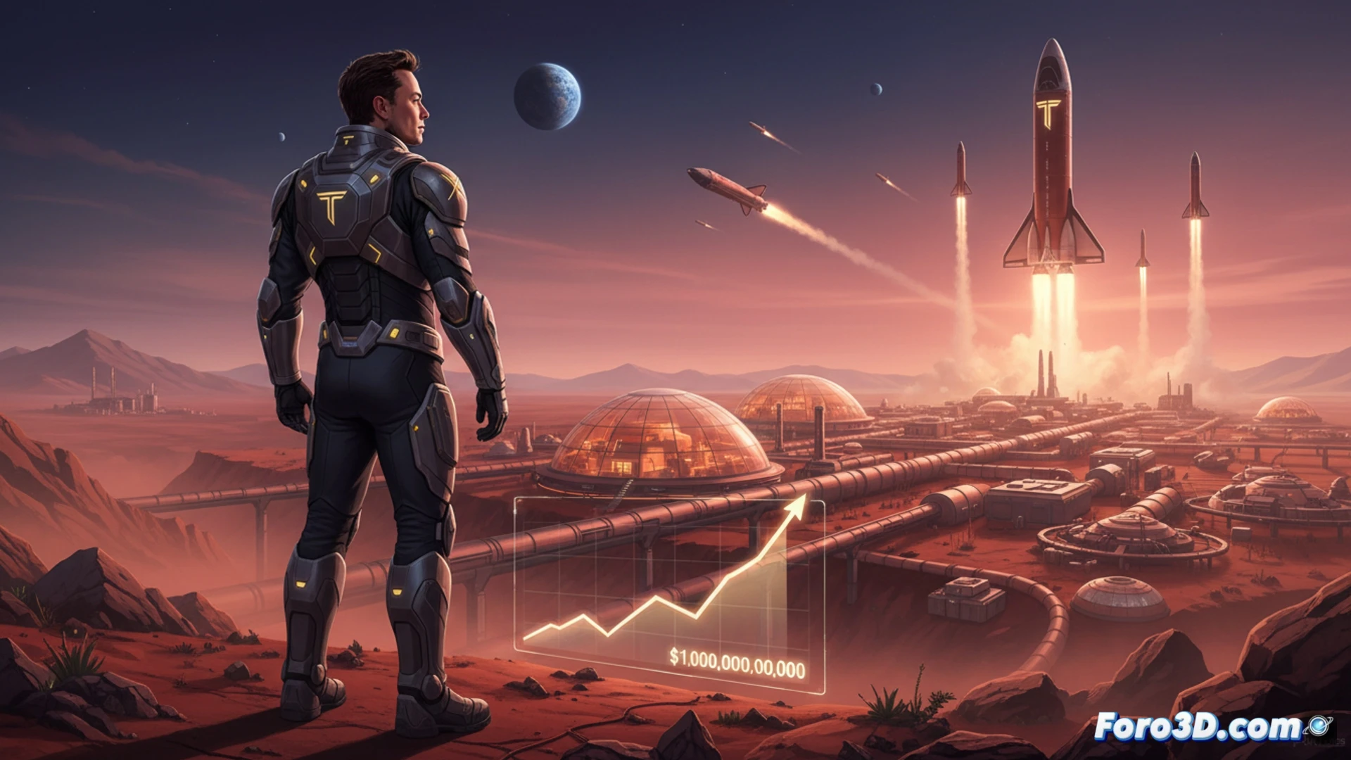 Martian colony dome construction site, SpaceX Starship landing on rusty red terrain, robotic arms assembling transparent habitat modules, solar panels unfolding in rows, dust particles floating in thin atmosphere, astronaut figures in white suits welding truss structures, distant Olympus Mons silhouette, photorealistic engineering visualization, golden hour sunlight casting long shadows across regolith, hyper-detailed metallic surfaces, glowing life support conduits, crane vehicles lifting hexagonal frames, cinematic wide-angle shot, dramatic contrast between harsh vacuum and human technology