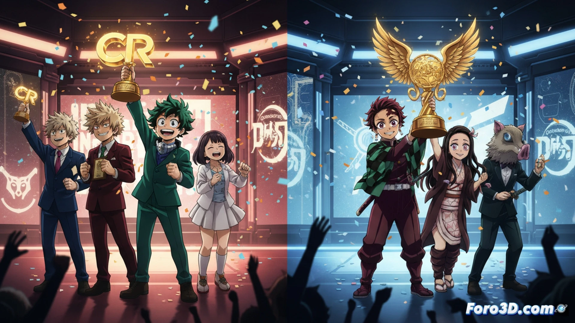 anime award ceremony stage with two giant shonen characters clashing mid-air, My Hero Academia hero in green costume unleashing a glowing smash attack while Demon Slayer swordsman performs a flowing water breathing strike, spark trails intersecting between them, golden trophy pedestal on stage, cinematic anime-style action shot, dramatic spotlights from above, dynamic motion blur, particle effects of dust and energy, ultra-detailed character shading, vibrant cel-shaded rendering, epic battle composition