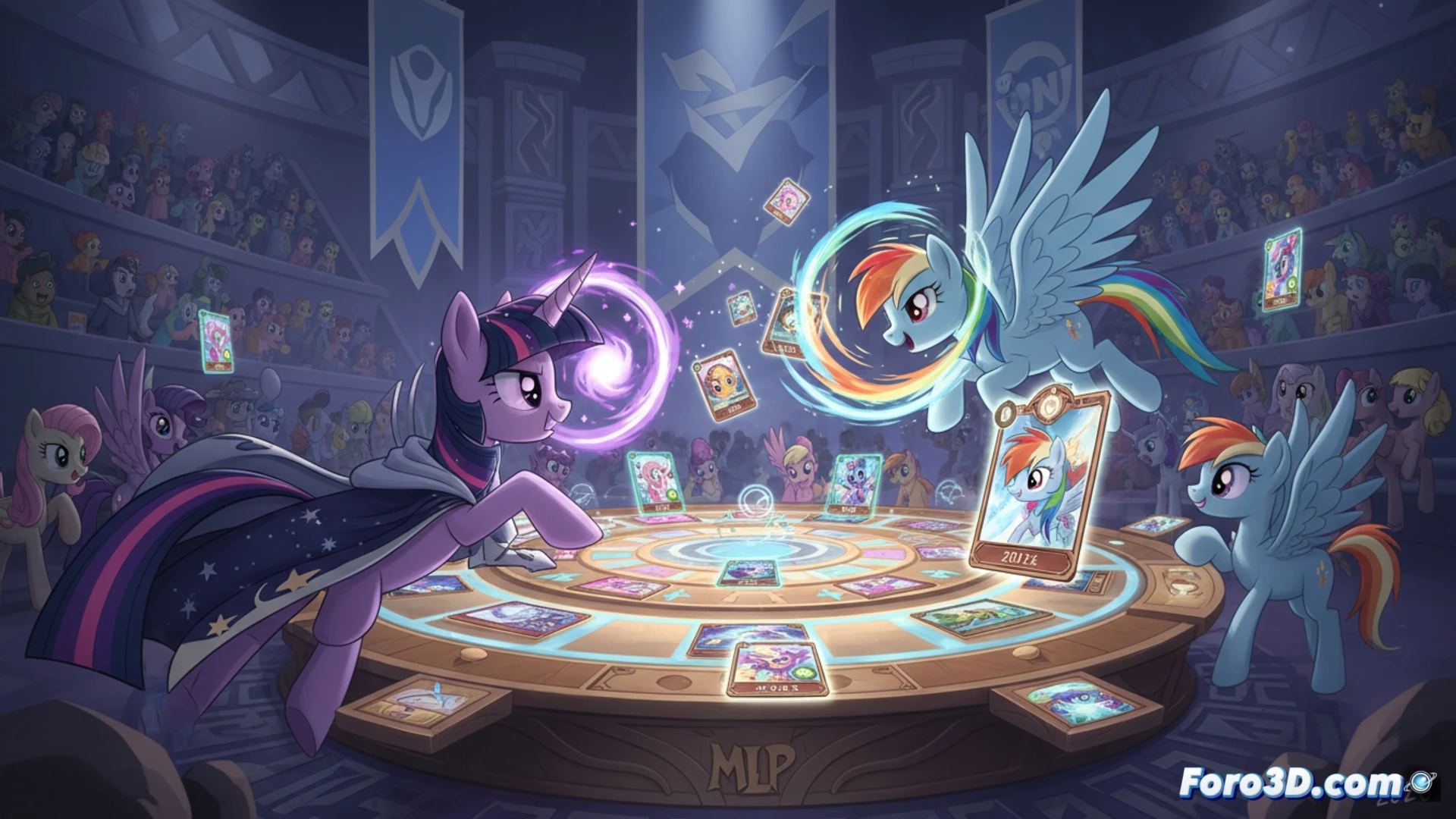 My Little Pony TCG: un duelo de cartas con ponis coloridos y brillos mágicos sobre una mesa de juego.