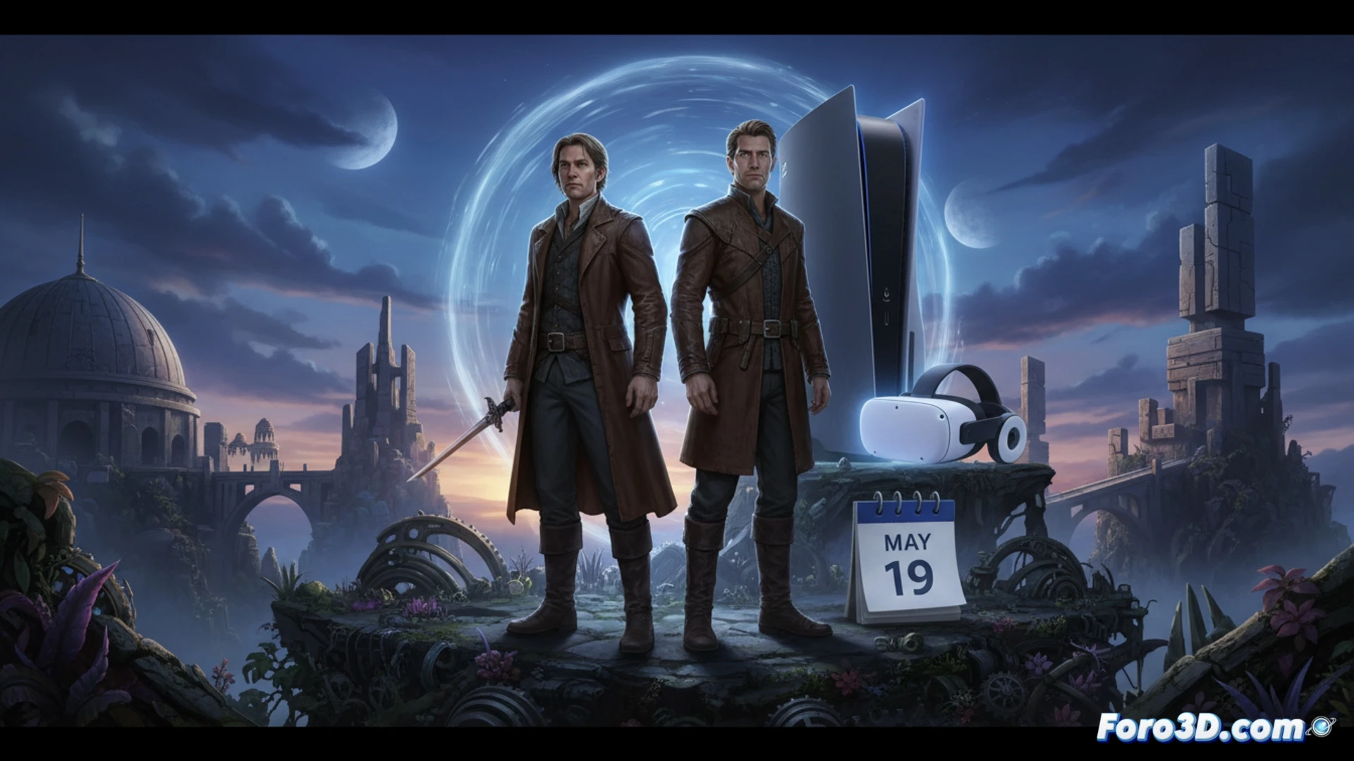 Myst y Riven llegan a PS5 con VR2 el 19 de mayo: portadas de los remakes sobre fondo oscuro con gafas virtuales.
