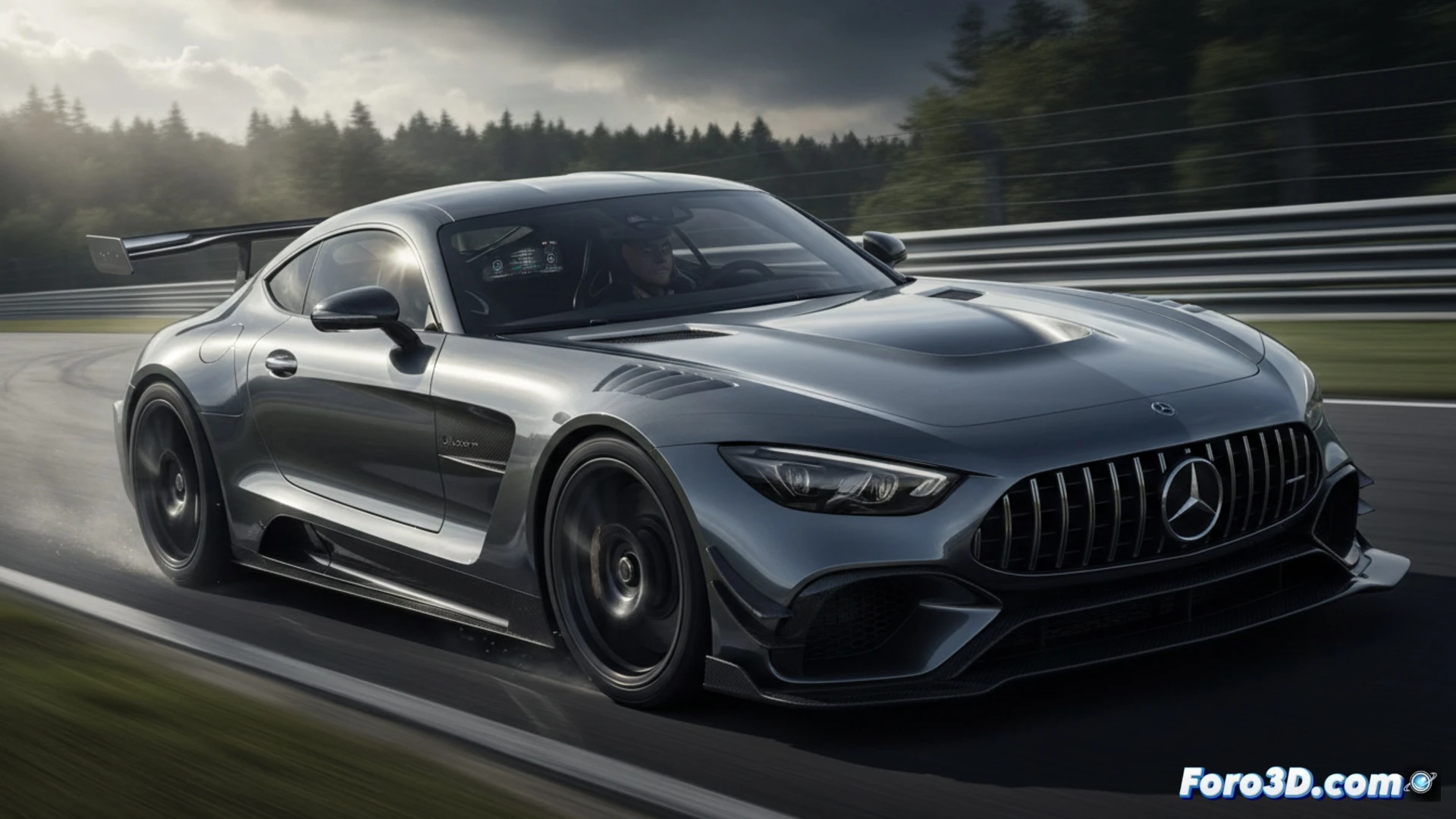 Mercedes Mythos superdeportivo biplaza en curva cerrada de Nürburgring, alerón trasero activo desplegado durante frenada, difusor trasero canalizando flujo de aire turbulento, suspensión hidráulica comprimida bajo carga lateral, escape de titanio emitiendo calor visible, neumáticos slicks humeando por fricción extrema, ausencia total de plazas traseras mostrando estructura de chasis desnuda, cinematic engineering visualization, dramatic low-angle shot, carbon fibre weave detail, motion blur en ruedas, photorealistic technical render, lighting contrast entre asfalto gris y carrocería negra brillante.