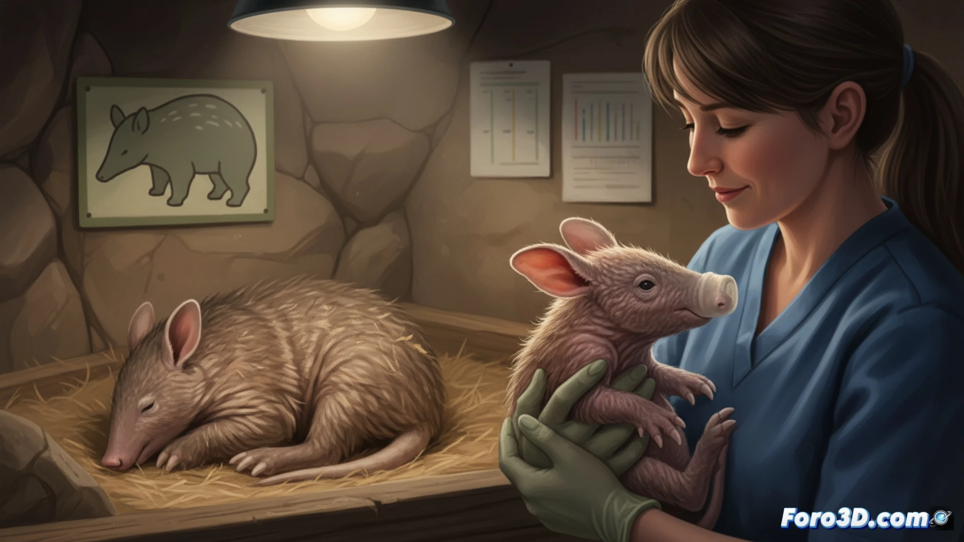 nighttime zoo nursery scene, zookeeper in blue scrubs bottle-feeding a baby aardvark named Womble, mother aardvark Oni resting in straw bedding nearby, specialized veterinary feeding syringe with formula, incubator with temperature monitor and humidity gauge in background, soft warm spotlight on the feeding action, sterile medical tray with measuring tools and feeding schedule chart, photorealistic technical illustration, cinematic shallow depth of field, animal fur texture detail, reflective eyes catching light, realistic enclosure with heat lamps and bedding, professional zoo husbandry documentation style