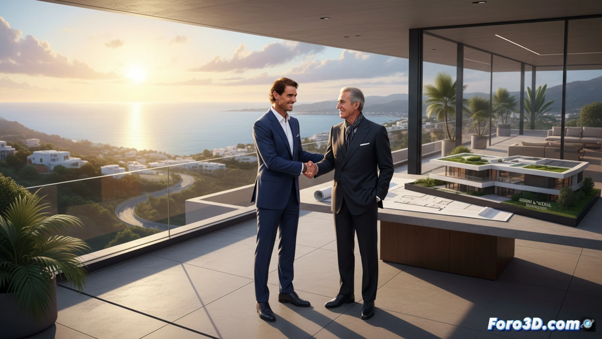 Rafa Nadal and Giorgio Armani reviewing architectural blueprints on a glass table inside a minimalist luxury villa overlooking Marbella coastline, Italian design sketches and structural engineering plans spread across the surface, large windows framing Mediterranean sea view, contemporary furniture with Armani Casa pieces visible, soft natural daylight illuminating the scene, cinematic architectural visualization, photorealistic interior render, polished marble floors, clean geometric lines, high-end residential development atmosphere, subtle reflection of blueprints on polished table surface, ultra-detailed textures, premium lifestyle photography style