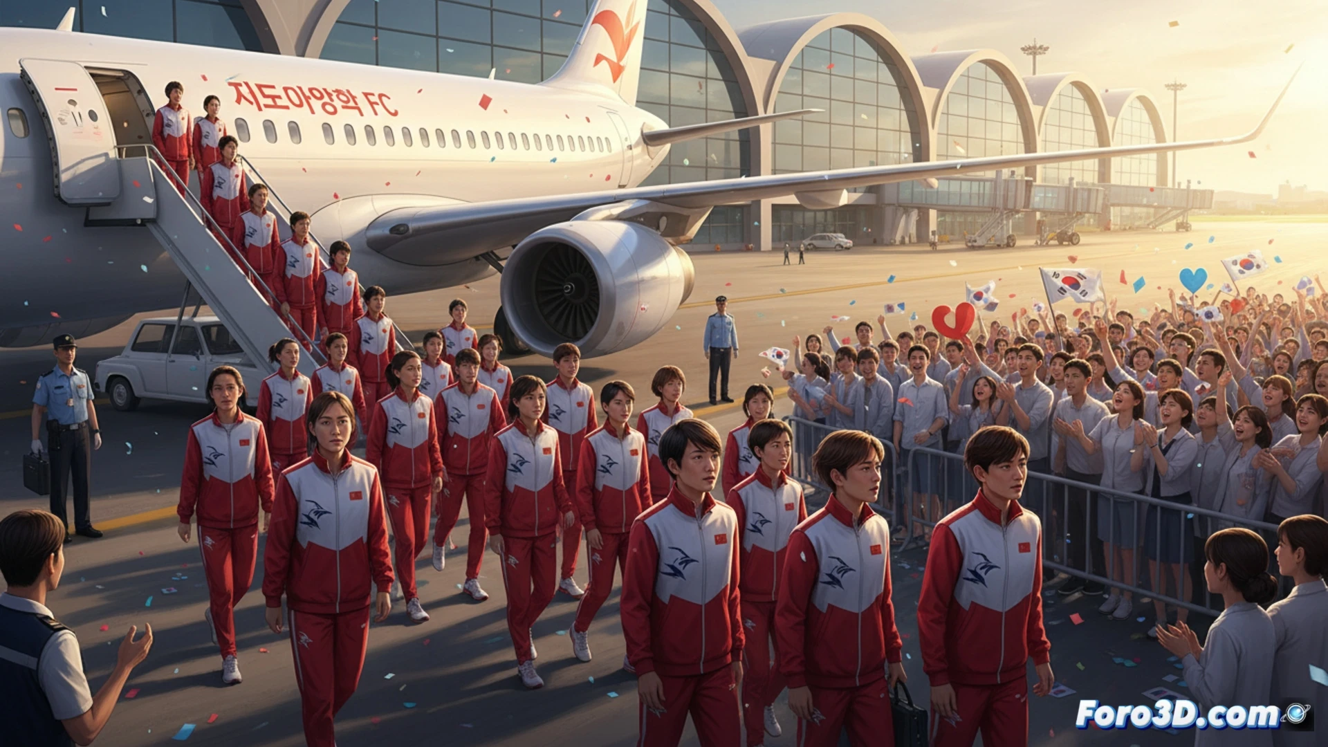 Jugadoras norcoreanas con chaquetas oscuras y maletas rosas bajan del avión en Incheon, saludando a aficionados surcoreanos con pancartas.