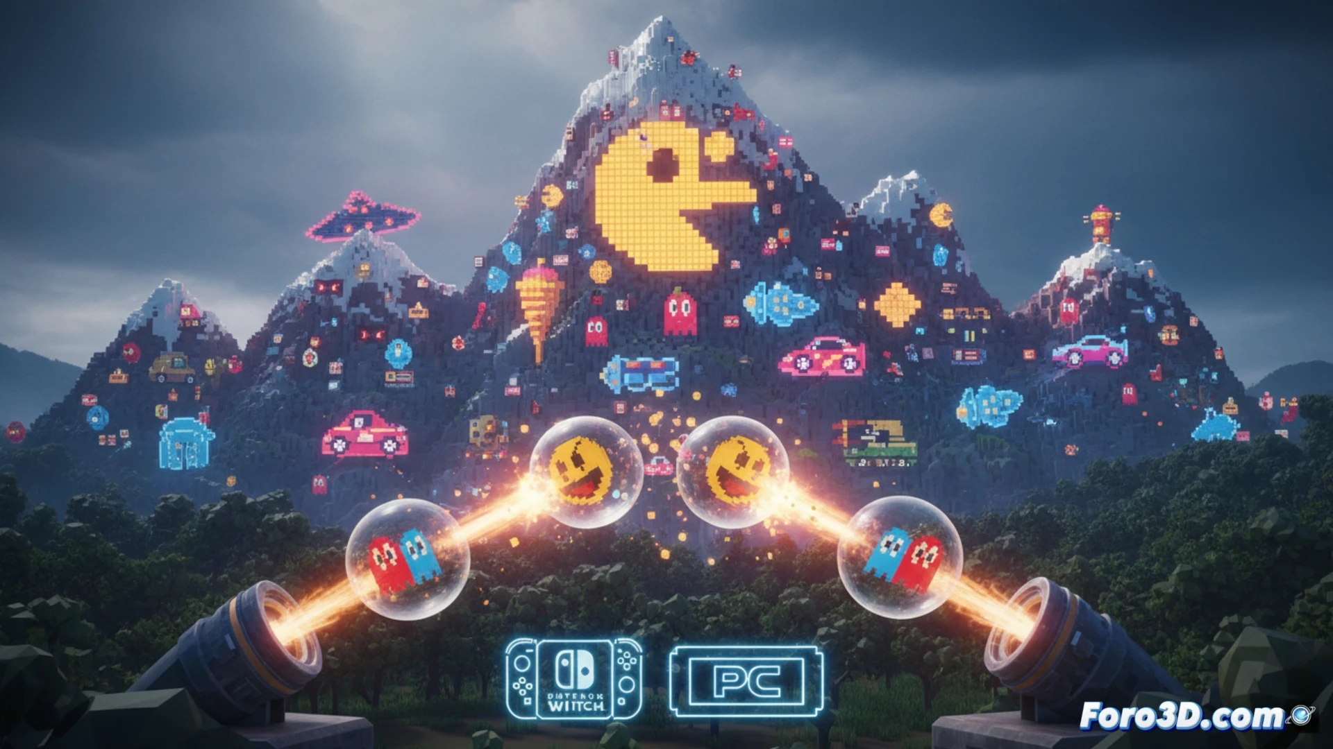 isometric 3D puzzle grid filled with colorful voxel capsules, two identical glowing cubes colliding mid-air and merging into a larger block, retro arcade pixel particles scattering around the fusion, digital game console mockup with Switch 2 controller beside the screen, technical illustration style, bright neon arcade lighting on a dark background, sharp voxel edges, smooth metallic reflections on the merged piece, action shot during the fusion process, cinematic gaming hardware visualization