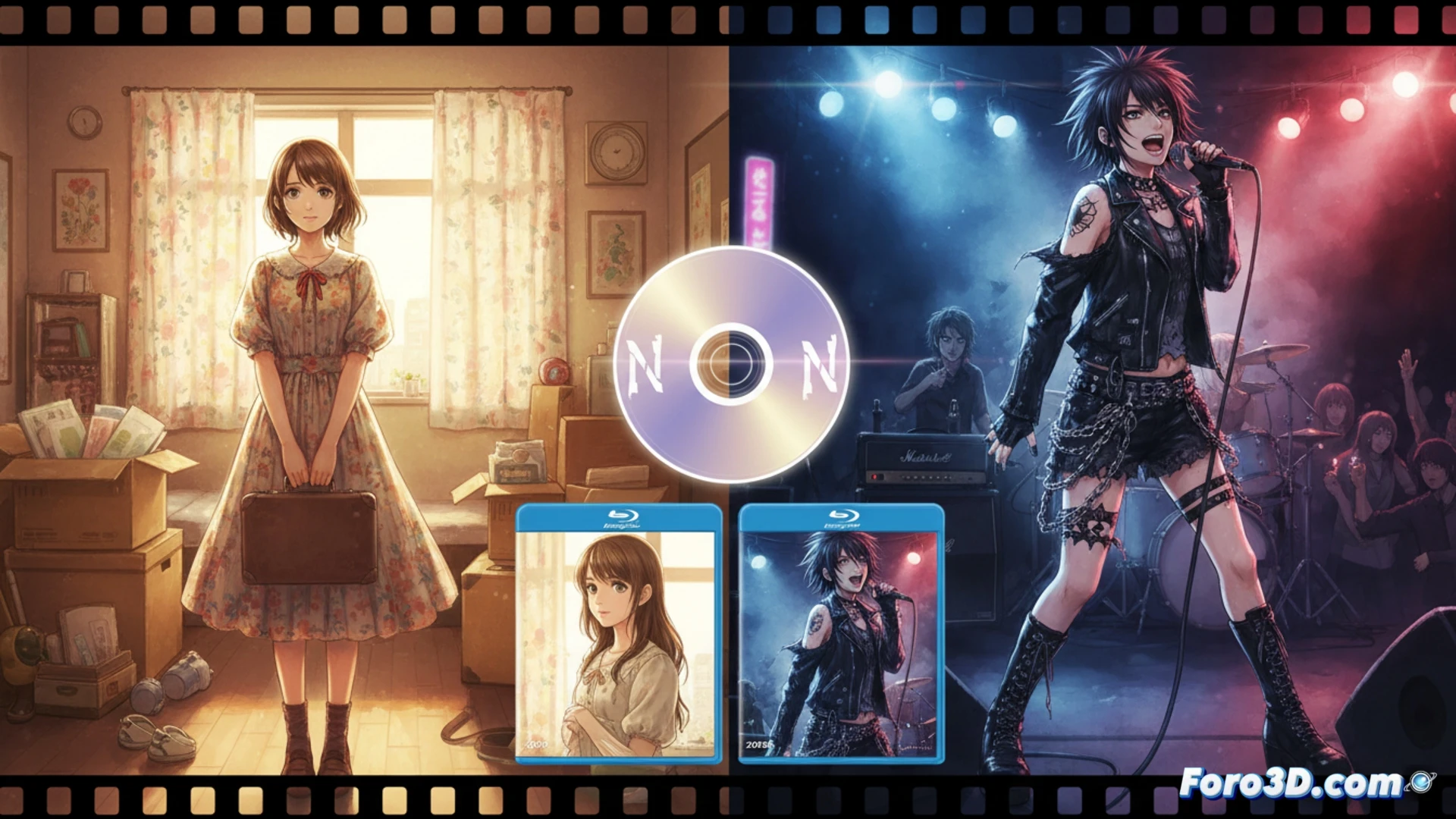 Dos chicas, Nana y Nana, de pie juntas en un fondo oscuro. Una con vestido punk y guitarra roja; la otra con abrigo blanco y mirada serena. Logos de las películas y texto 'NANA y NANA 2 llegan en Blu-ray 2026' en la parte inferior.
