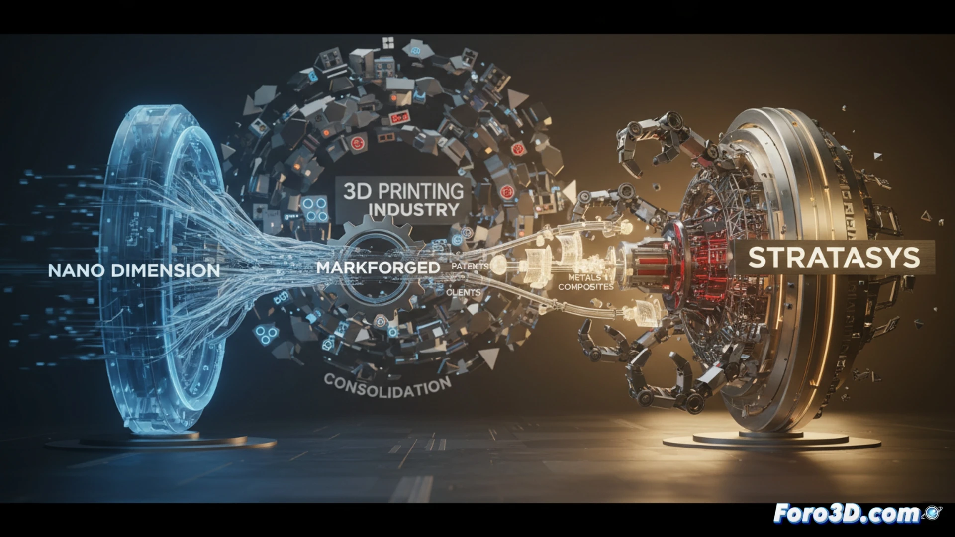 industrial consolidation scene in 3D printing factory, robotic arms transferring a composite material spool from Markforged branded machine to Stratasys assembly line, glowing patent documents floating above a conveyor belt, financial charts showing Nano Dimension logo fading out while Stratasys logo brightens, technical engineering visualization, metallic and carbon fiber textures, dramatic high-contrast lighting, photorealistic render, detailed mechanical components including extruder heads and filament sensors, action of handover and absorption, process of asset acquisition