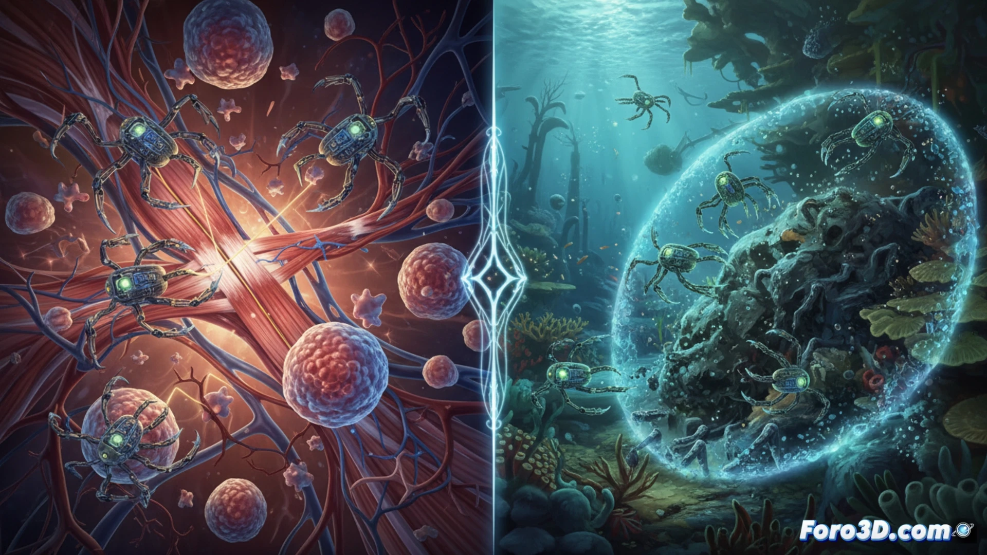 nanobots navigating inside a human bloodstream during targeted cell repair, one nanobot attaching to a damaged red blood cell while another disassembles a toxic microplastic particle nearby, glowing blue and red energy trails showing movement paths, medical nanotech with articulated arms and sensor arrays, photorealistic cinematic visualization, deep crimson vascular environment with soft tissue walls, microscopic debris particles floating, dramatic bioluminescent lighting, hyperdetailed metallic structures, technical engineering illustration style