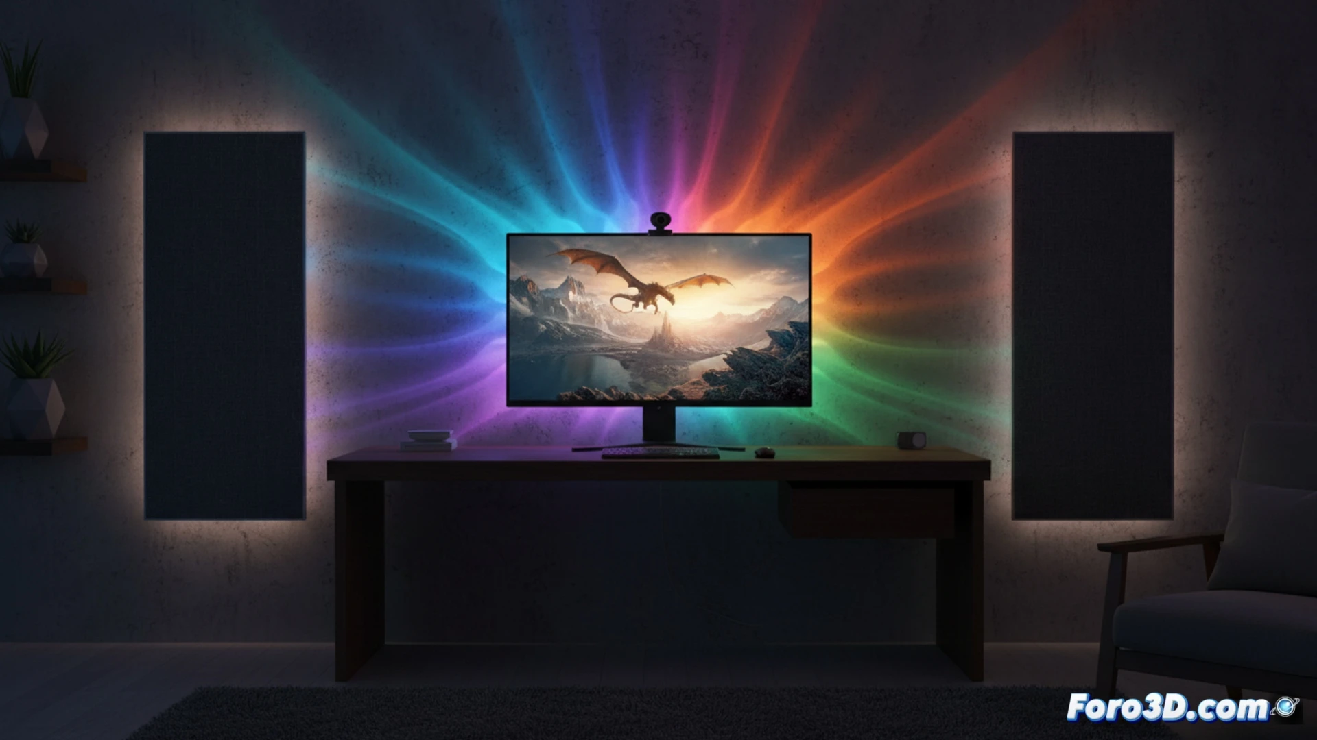Kit Nanoleaf 4D con cámara y tira LED sincronizando colores del monitor a la pared en habitación oscura