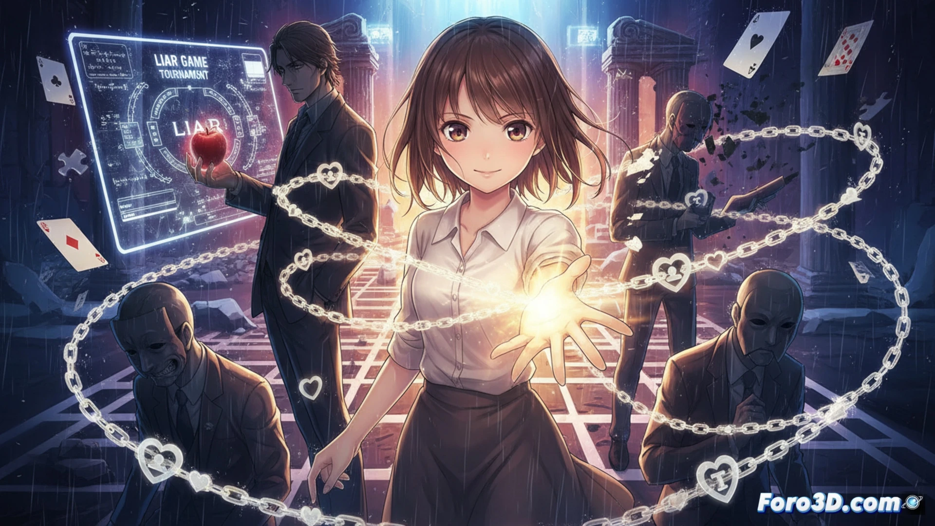 Nao Kanzaki, de sonrisa inocente y mirada firme, se sienta junto a Shinichi Akiyama, con fichas de juego esparcidas.