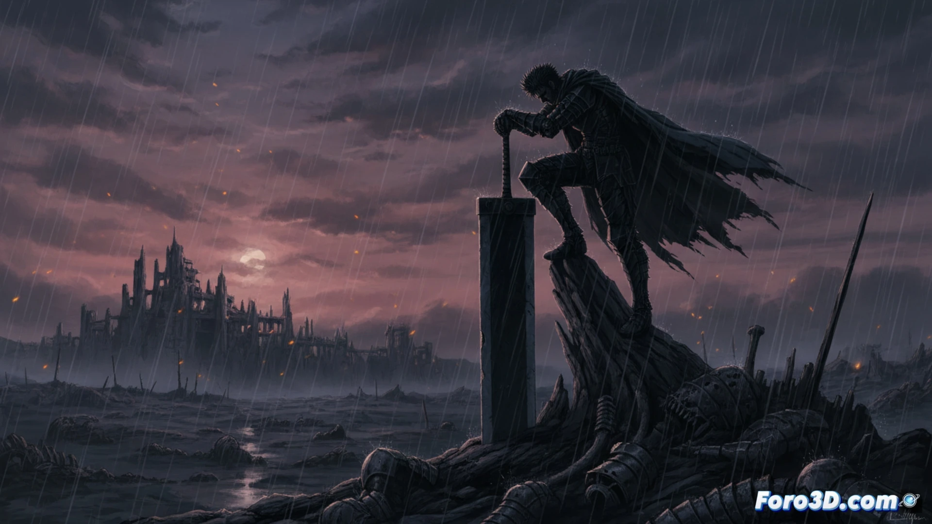 cinematic wide shot of a medieval stone cathedral ruin at dusk, Guts kneeling alone on cracked floor while moonlight cuts through broken stained glass, sword resting across his lap, shadowed pillars framing the scene, dust particles floating in the air, dramatic chiaroscuro lighting, theatrical composition with negative space, slow-burn tension, photorealistic architectural decay, moss-covered stone textures, single candle flickering in corner, heavy atmospheric fog, desolation, emotional weight, no text or symbols