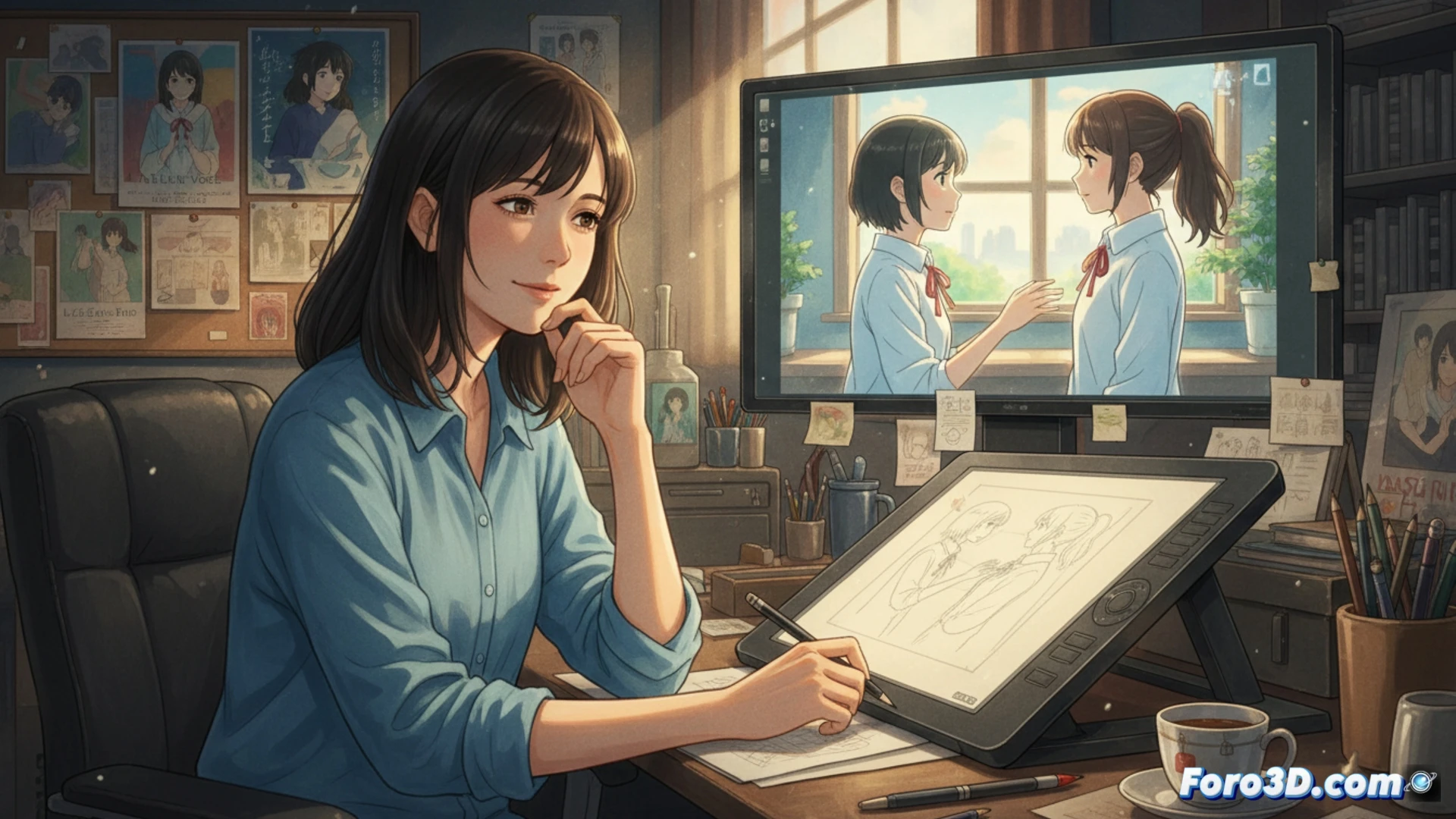 Naoko Yamada en un estudio iluminado por luz tenue y azul, con siluetas de personajes anime reflejando emociones sutiles; su mano sostiene un lápiz sobre storyboards.