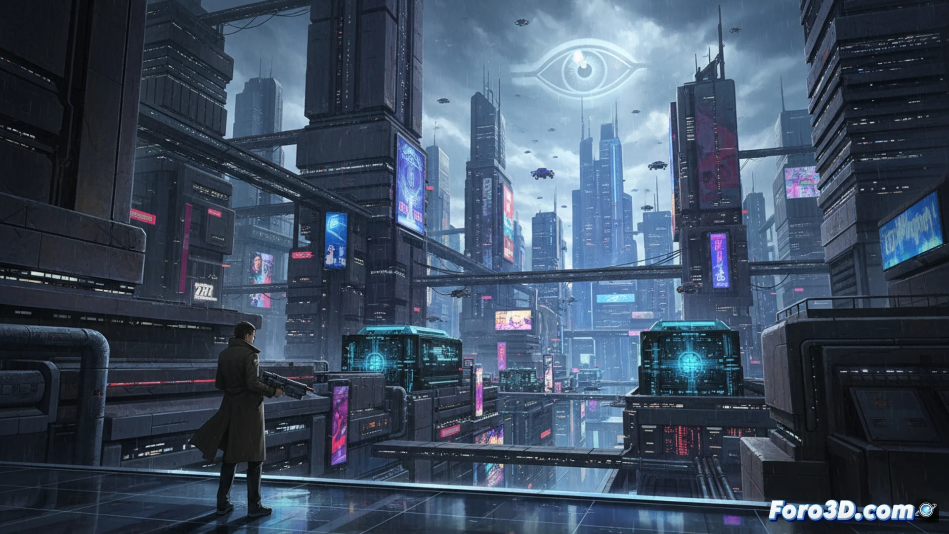 Una composición nocturna cyberpunk muestra a Naoyoshi Shiotani de pie en una azotea futurista. Al fondo, rascacielos iluminados por neones azules y rojos, con pantallas holográficas que proyectan el ojo escarlata del Sistema Sibyl. En primer plano, un detective con gabardina y Dominator plateado observa la ciudad, mientras partículas de datos flotan en el aire. La atmósfera es tensa, mezclando arquitectura hiperdetallada con sombras alargadas que sugieren vigilancia y control social.