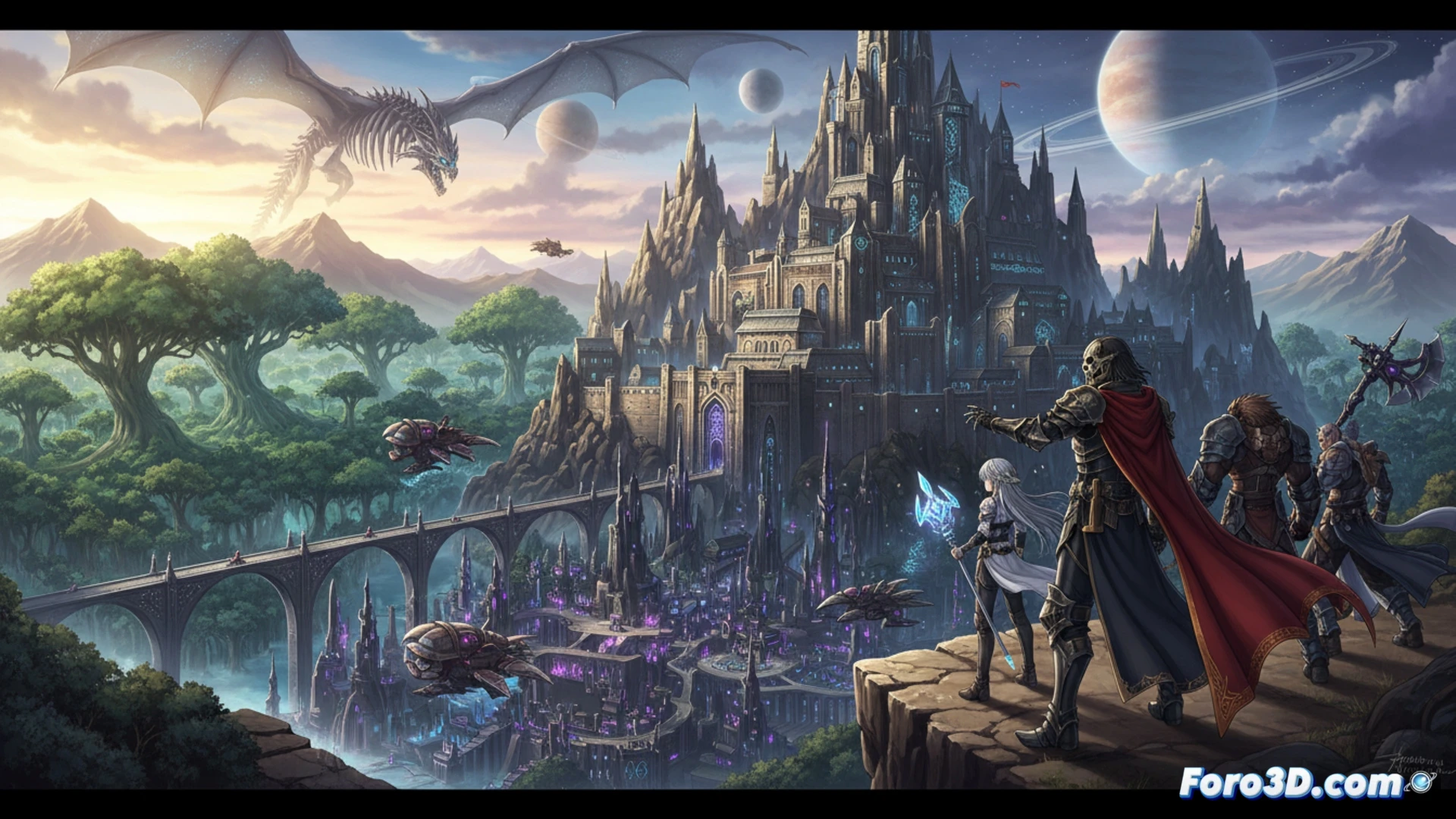 Naoyuki Itou con un portal digital entre mundos 2D y 3D, sobre paisajes de Overlord y Digimon.