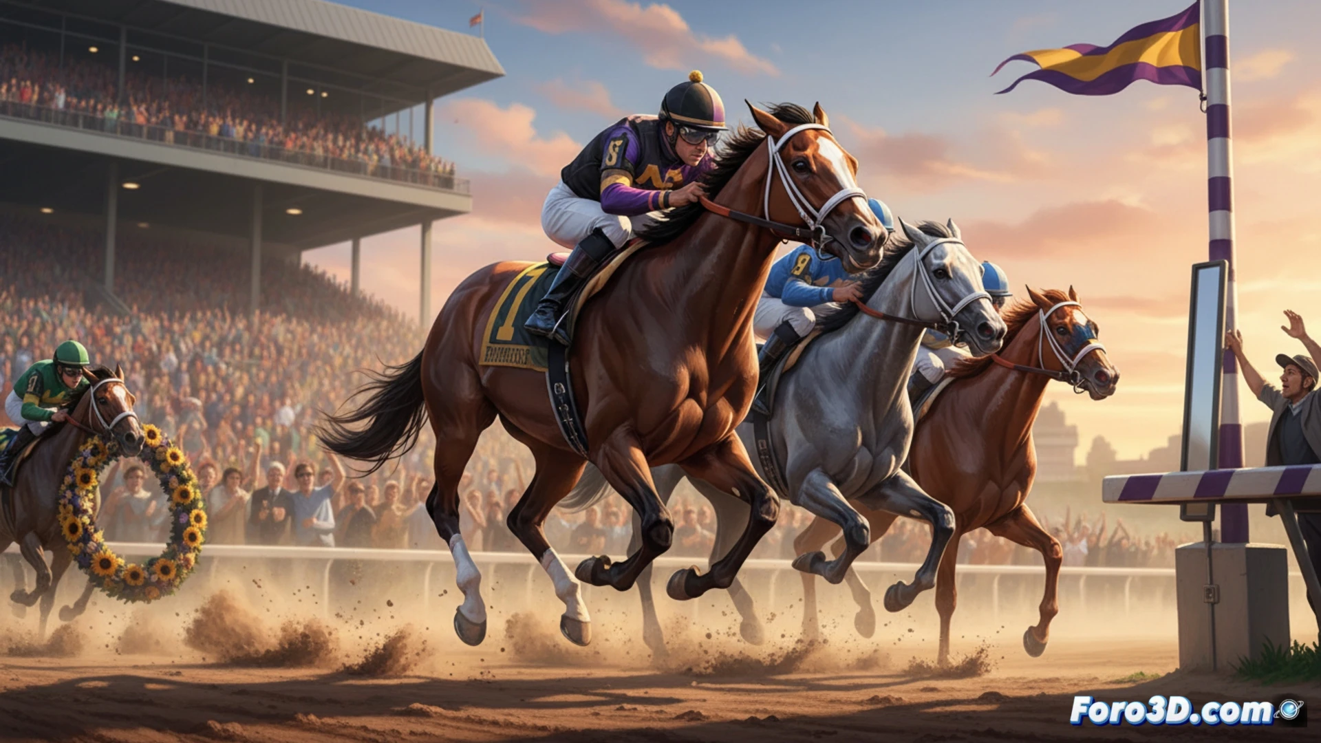 Caballo Napoleon Solo galopa en sprint final, superando rivales en las Preakness Stakes, con tribuna llena al fondo.