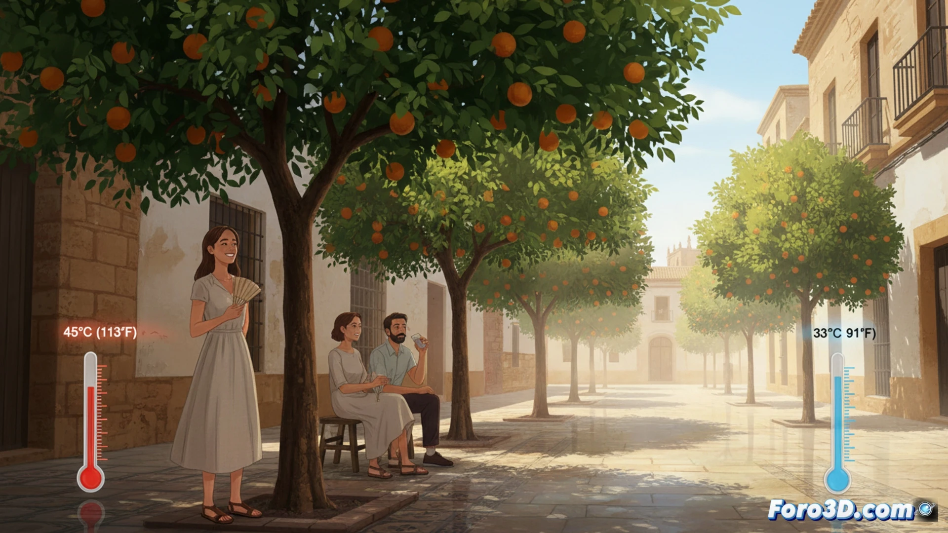 Sevillian urban orange tree shading a narrow cobblestone street during extreme heat, thermal camera overlay demonstrating cool air flowing from leaves while pavement glows red-hot, temperature difference visualized as blue mist spreading from canopy, infrared heat plumes rising from surrounding buildings, tree roots absorbing ground moisture, photorealistic technical illustration, cinematic low-angle sunlight filtering through dense foliage, digital thermometer hovering in shadow showing twelve degree drop, contrasting warm and cool color palette, hyper-detailed bark and fruit textures, engineering visualization style