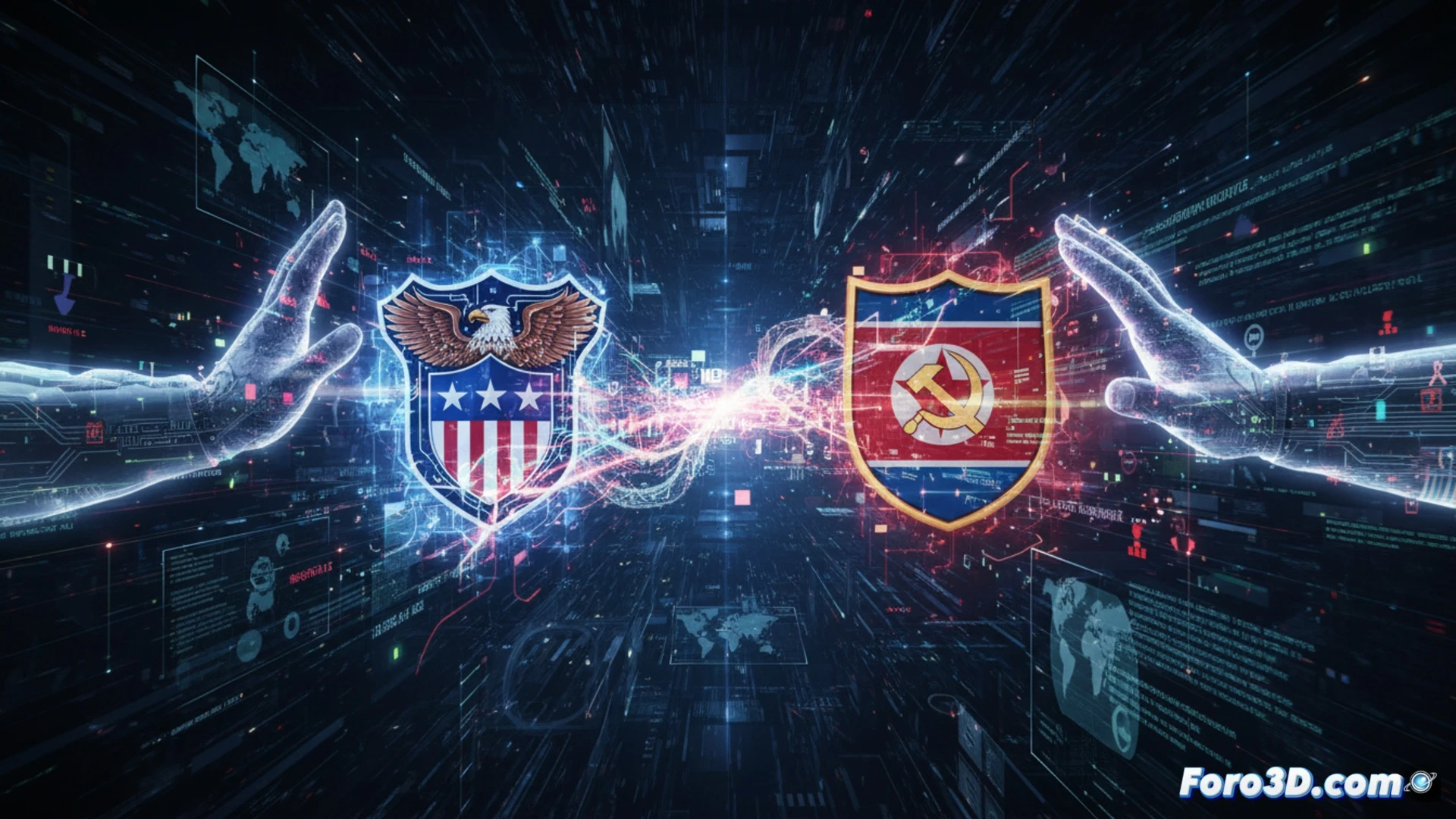 Mapa digital con banderas de Corea del Norte y EE.UU. enfrentadas, código binario y glifos de ciberseguridad.