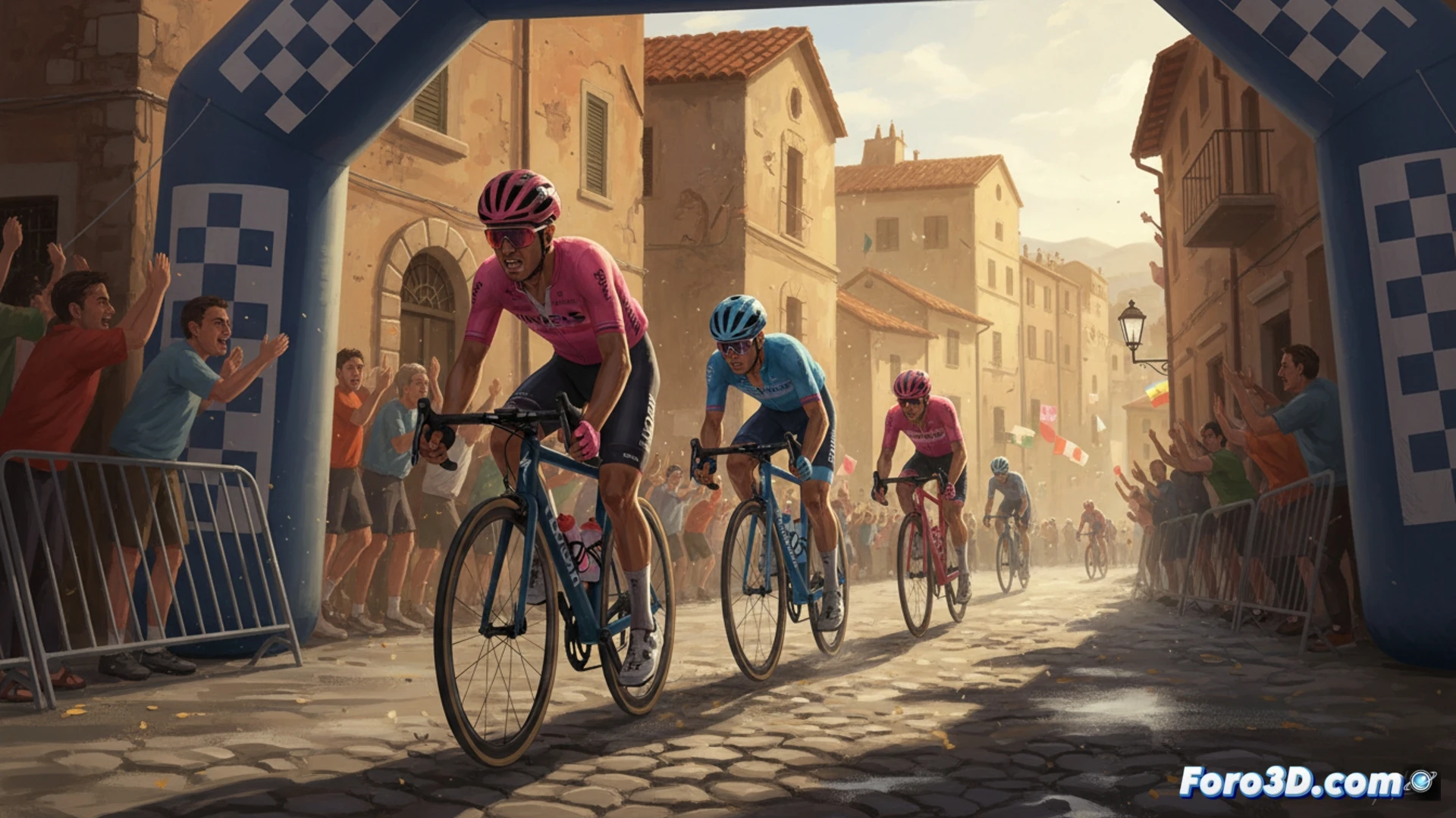 Ciclista ecuatoriano Narváez levanta los brazos al cruzar la meta en Fermo, con la ciudad al fondo y rivales exhaustos.