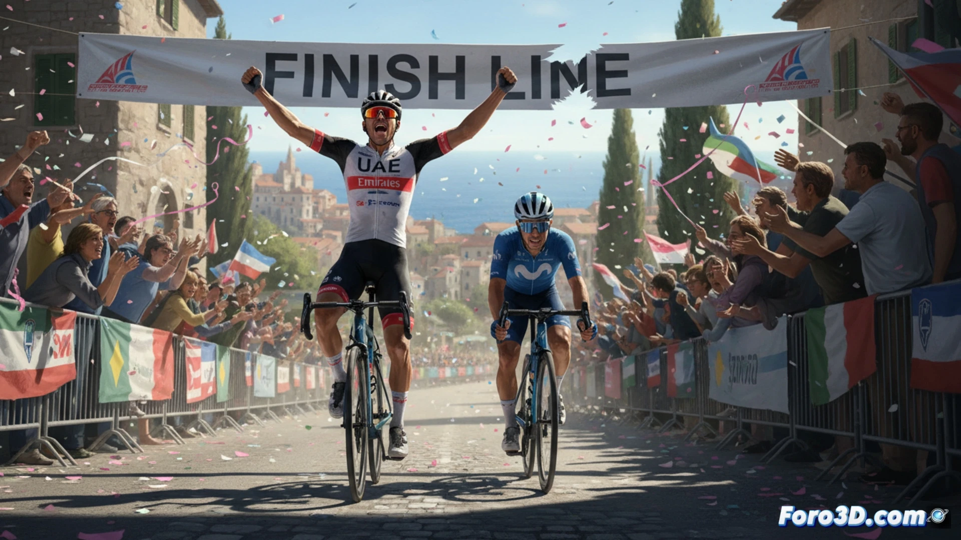Jhonatan Narváez en bicicleta de competición UAE Team Emirates-XRG superando a Enric Mas del Movistar Team durante el sprint final de la undécima etapa del Giro 2026, carretera costera de Chiavari al atardecer, bicicletas aerodinámicas de carbono con ruedas de perfil alto, cascos aerodinámicos y maillots de lycra ajustados, movimiento de pedaleo con piernas en máxima tensión, neumáticos en contacto con asfalto caliente, gotas de sudor visibles en el rostro de los ciclistas, al fondo el mar Mediterráneo con olas rompiendo, postes kilométricos y vallas publicitarias de la carrera, estilo cinematográfico fotorrealista, iluminación dorada de sol bajo, desenfoque de movimiento en las ruedas y el paisaje, alta definición técnica en los detalles del equipamiento