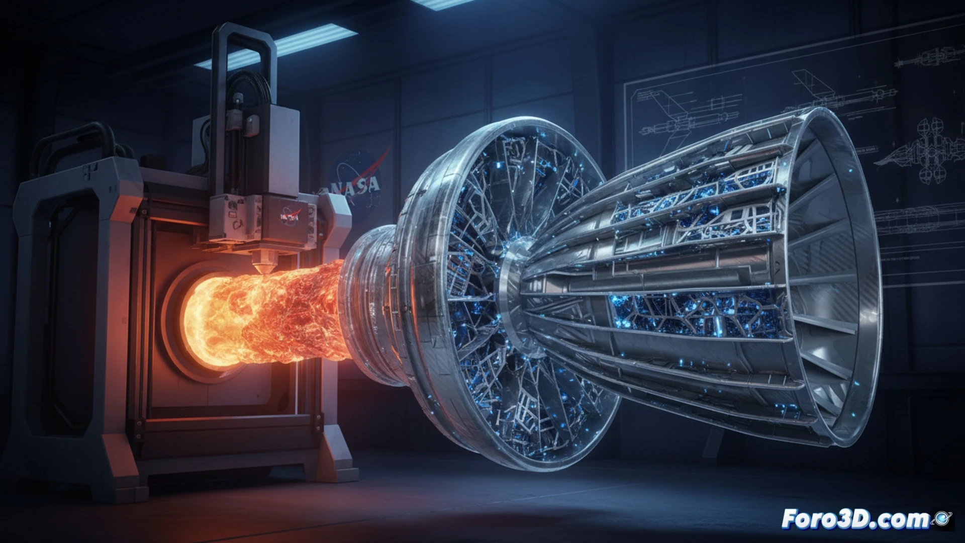 aerospace engineer examining a glowing GRX-810 superalloy turbine blade emerging from a 3D printer nozzle, layer-by-layer metal deposition process in action, microscopic lattice structure visible on the blade surface, high-temperature orange heat radiating from the print bed, robotic arm positioning the component, holographic CAD model floating nearby showing stress analysis data, cinematic engineering visualization, photorealistic metallic textures, dramatic blue and amber industrial lighting, sparks from laser sintering, ultra-detailed mechanical assembly