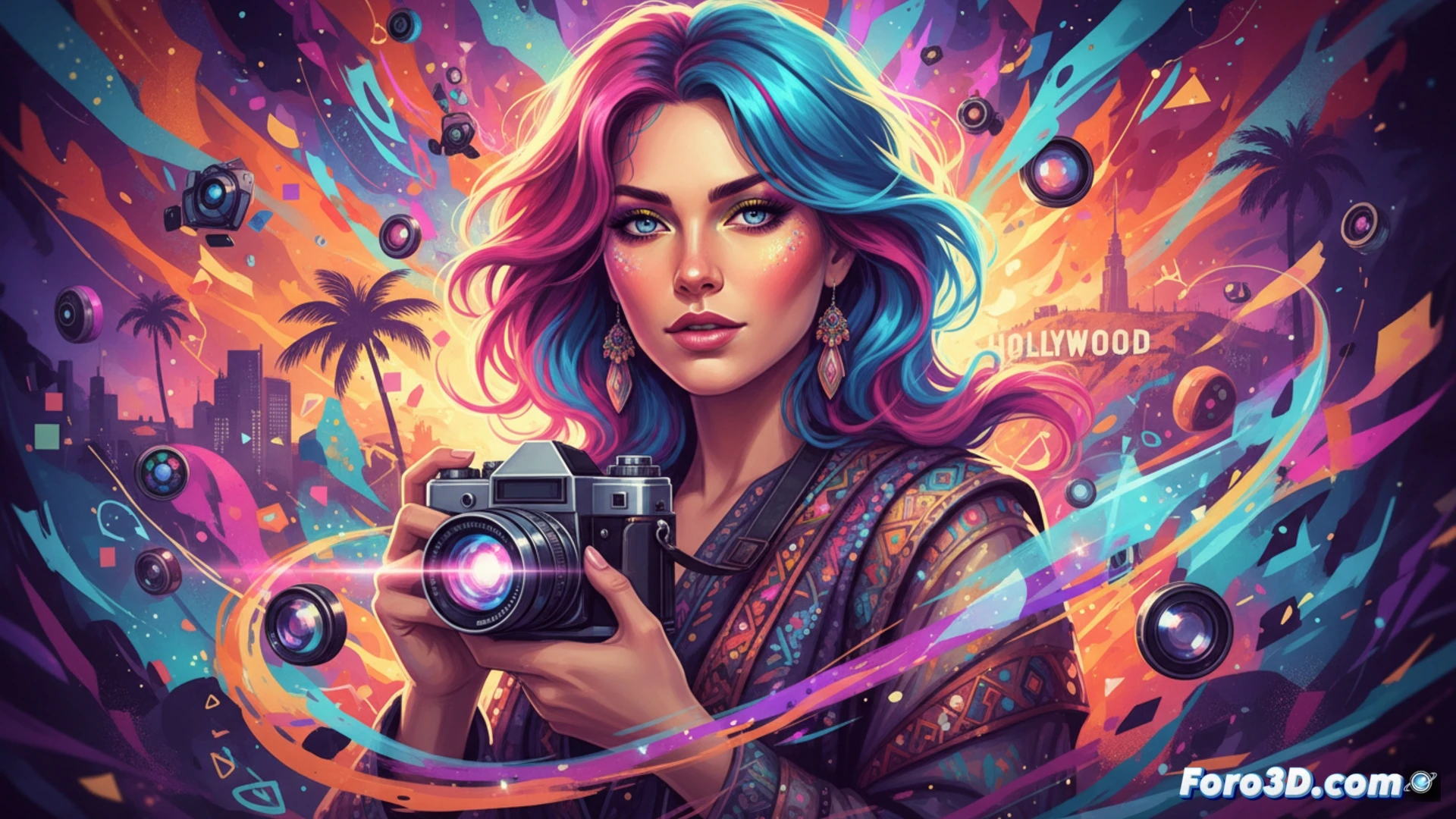 Una fotógrafa británica sostiene una cámara frente a un modelo con maquillaje vibrante y colores saturados, reflejos brillantes, fondo de estudio en Los Ángeles.
