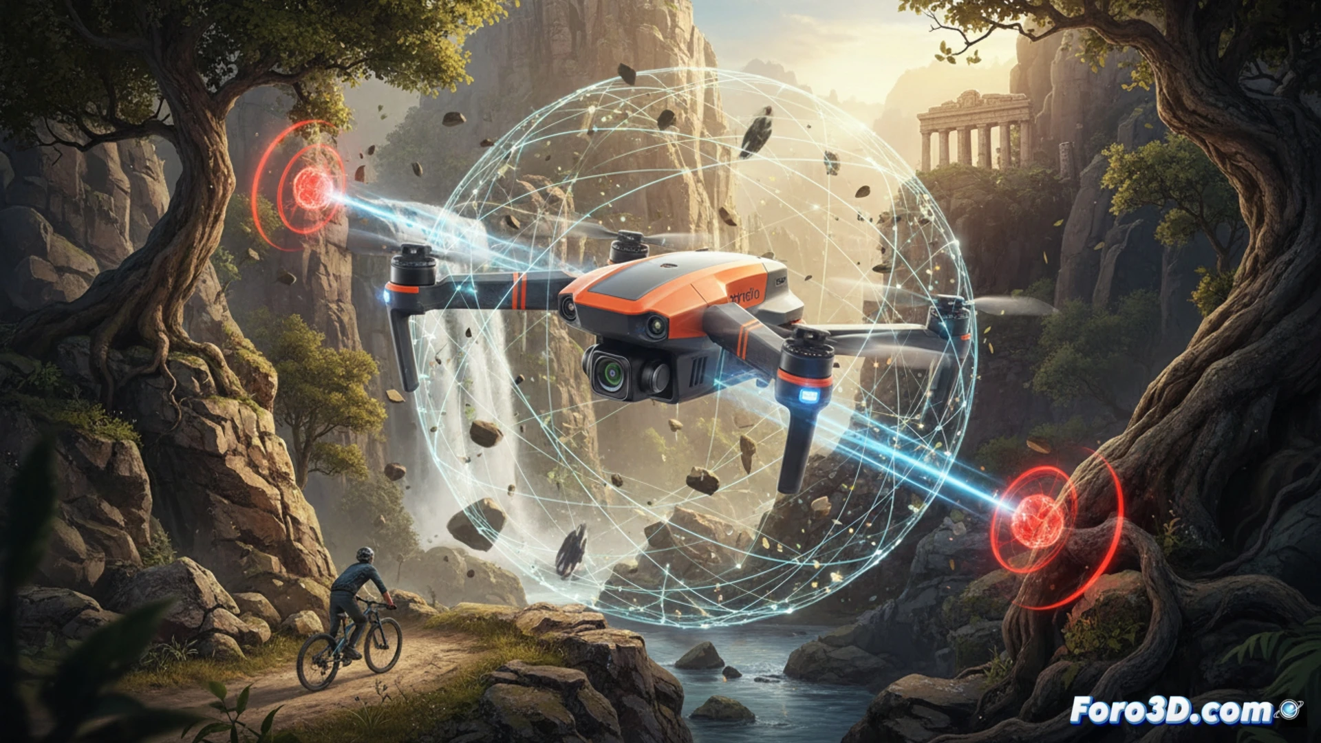 Dron Skydio 2+ en vuelo autónomo sobre terreno boscoso, utilizando sensores de visión 360 grados para navegación sin GPS
