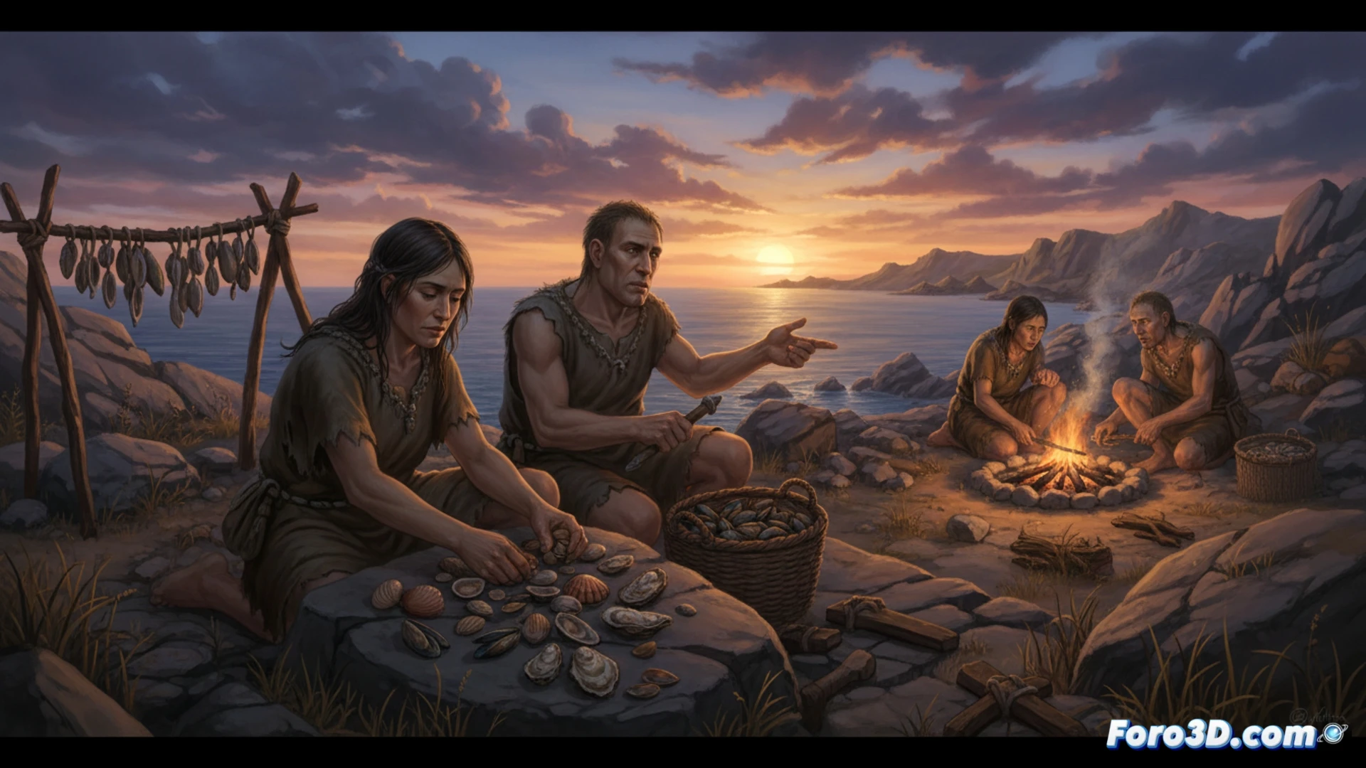 Neanderthal figure crouched at a rocky shoreline during winter, carefully prying a limpet shell from a wet stone with a sharp flake tool, woven basket already half-full of assorted shells, stormy grey sky and rough sea in background, demonstrating seasonal foraging behaviour, realistic paleoanthropological reconstruction, detailed texture on shell edges and tool surface, natural overcast lighting, cold blue-grey tones, photorealistic scientific illustration