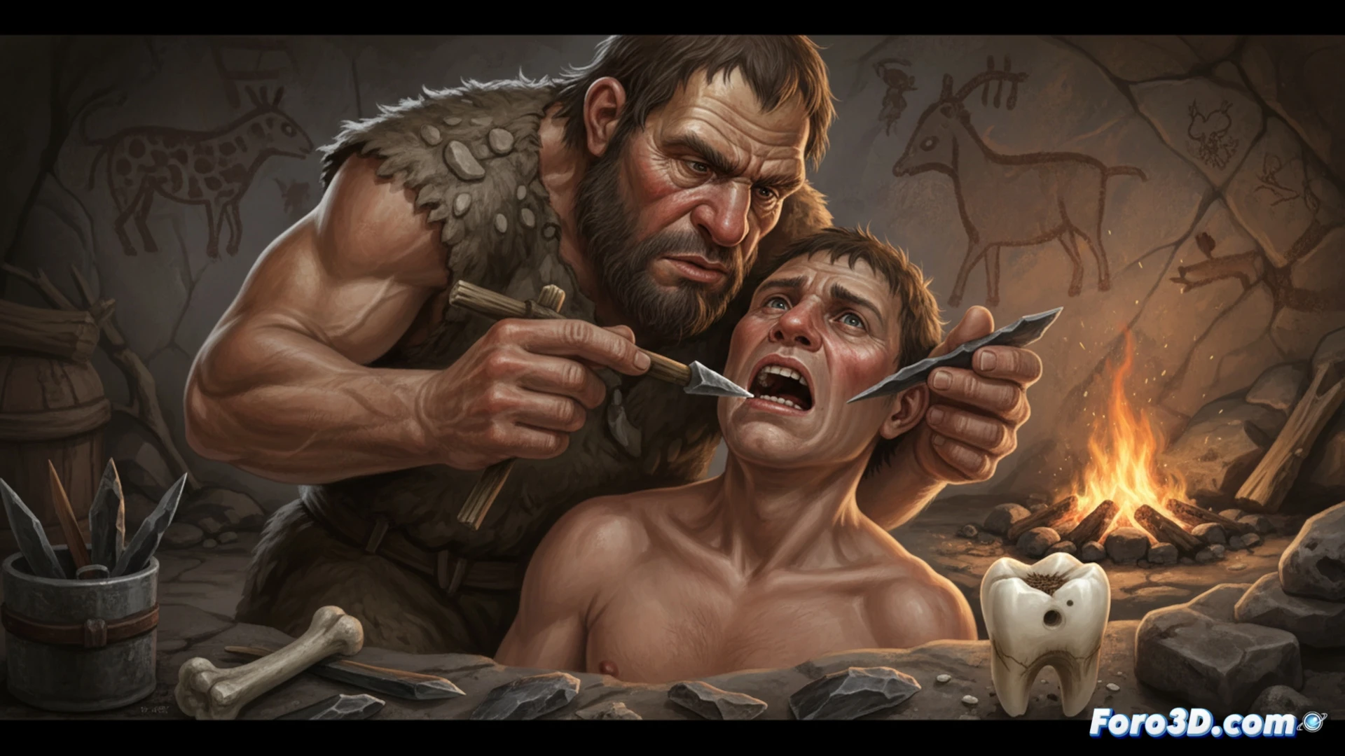 Reconstrucción 3D de diente neandertal con perforación y marcas de raspado, herramientas de sílex al lado
