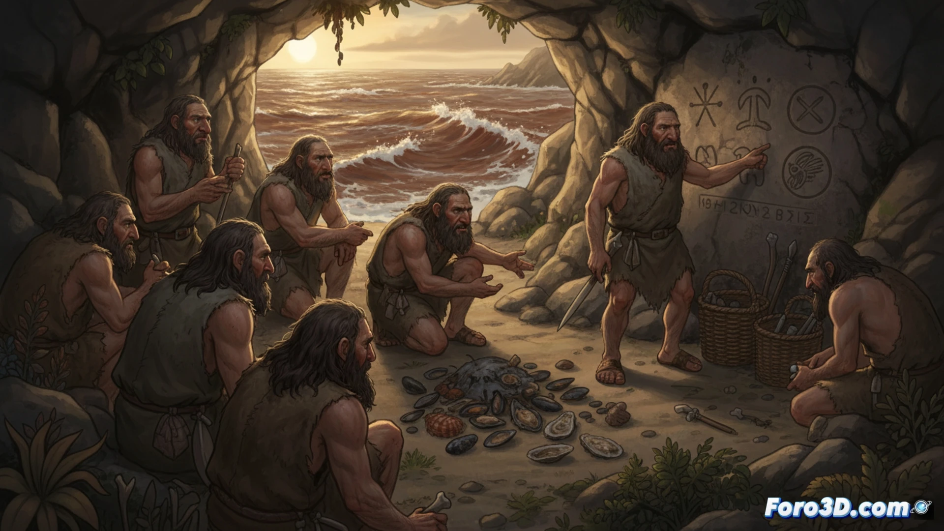 Cueva de los Aviones, neandertales en la entrada rocosa examinando mariscos en invierno, un grupo clasificando conchas de mejillón y lapa en cestas de fibras, otro individuo señalando un cesto de verano vacío junto a restos de algas secas, demostrando planificación estacional, herramientas de piedra y raspadores de hueso sobre una losa caliza, luz fría de atardecer invernal entrando por la cueva, textura rugosa de la roca y brillo húmedo de las valvas, estilo cinematográfico fotorrealista, detalle técnico en la disposición de los moluscos y las herramientas, iluminación dramática natural