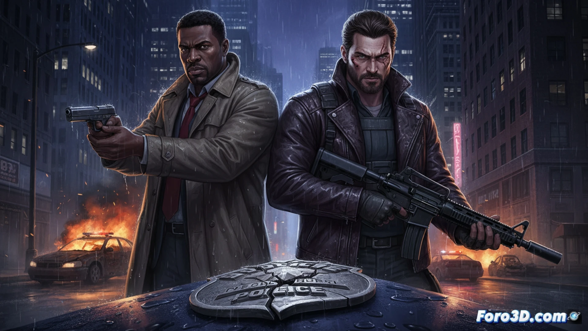 Night city street corner bathed in blue and amber neon, detective Isiah Stiles crouched behind a parked sedan, tactical handgun raised, Coltrane Wilder sprinting through alleyway with duffel bag, muzzle flash erupting from both positions, shattered glass and bullet casings scattering across wet asphalt, cinematic action scene, photorealistic crime thriller aesthetic, dramatic low-angle perspective, smoke trails from gunfire, rain-slicked pavement reflecting city lights, intense facial expressions, motion blur on running figure, tactical gear detail, noir-inspired color grading, ultra-detailed urban environment