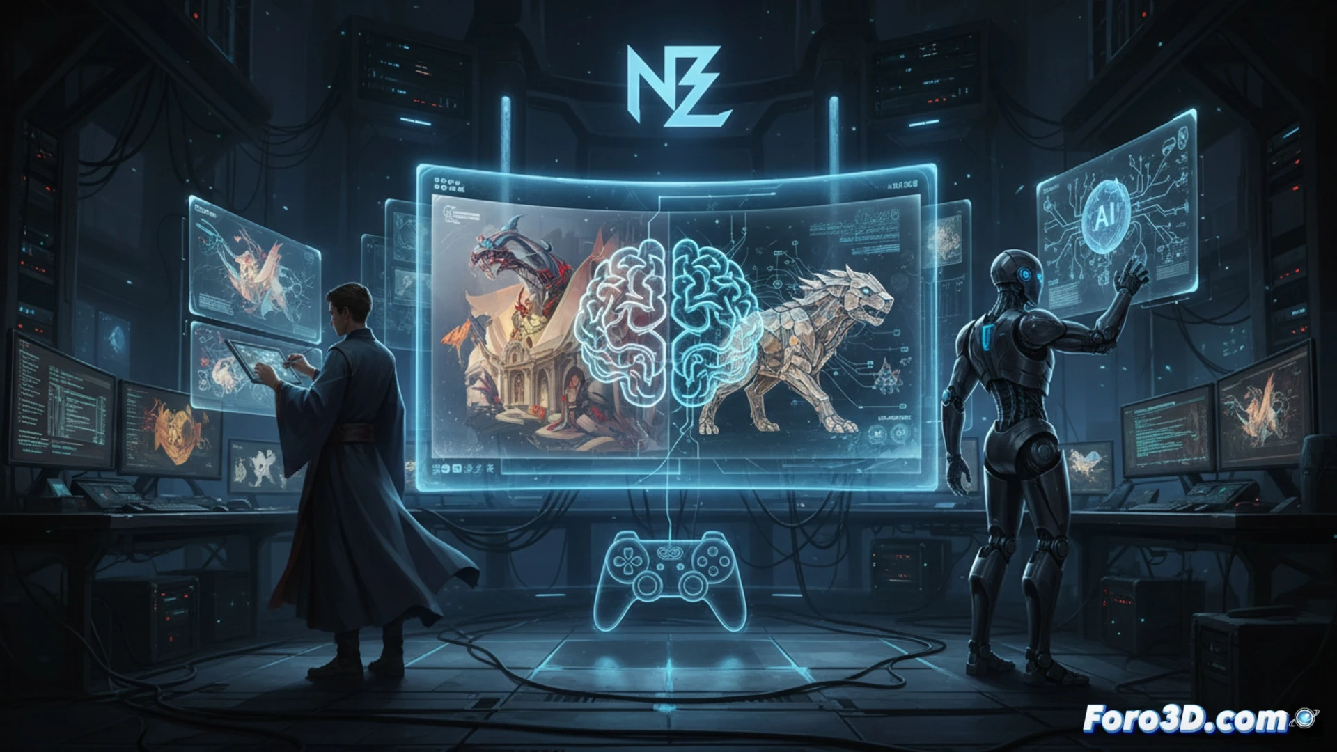 Un asistente digital ilumina bocetos de videojuegos; un artista humano y una IA colaboran en un estudio futurista de Neowiz.