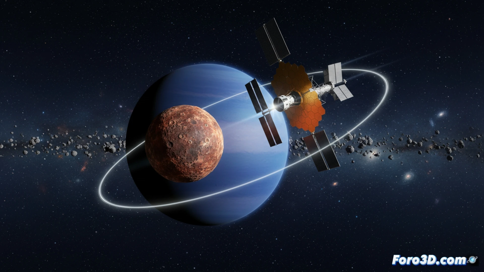 Nereida orbitando Neptuno con órbita elíptica excéntrica marcada, telescopio James Webb proyectando un haz de análisis espectral sobre la luna, datos espectrales mostrando diferencia química con objetos del Cinturón de Kuiper, luna más brillante y grande que lunas irregulares vecinas, fondo estelar profundo, cinematic space visualization, Neptuno azul oscuro en segundo plano, trayectoria orbital resaltada con línea punteada luminosa, partículas de hielo reflejando luz solar, realismo fotográfico, iluminación dramática de espacio profundo, texturas de superficie craterizada, detalle técnico de instrumentos científicos