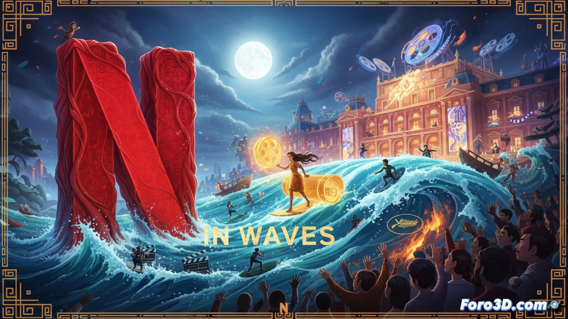 cinematic scene of a hand-drawn animation cel being scanned into a digital tablet, stylus hovering over a glowing layer of waves crashing on a beach, water particles transforming into pixel grids while floating film reels dissolve into streaming icons, dark studio background with soft blue rim light, technical animation process shown through transparent overlay of frame-by-frame motion lines, photorealistic render of mixed media tools, ultra-detailed brush strokes and color palette visible on screen, dramatic spotlight on the creative workflow