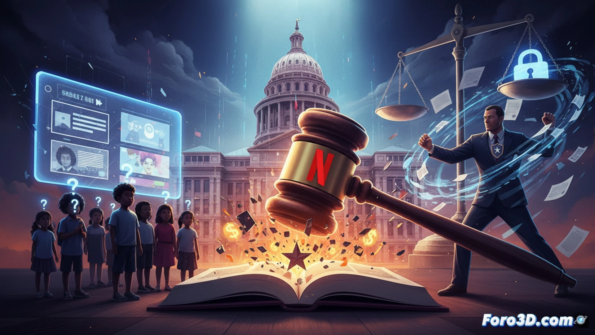Una pantalla de Netflix con anuncios infantiles y un ojo vigilante. Fondo legal de Texas y datos personales expuestos.
