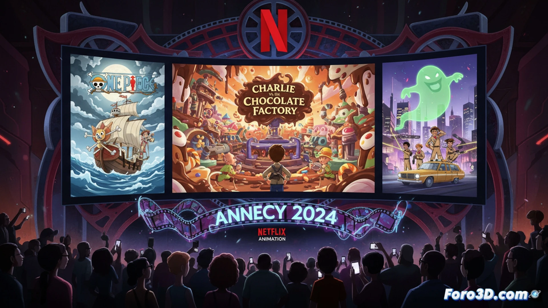 Un cartel vibrante muestra a Charlie, Luffy y un fantasma de Ghostbusters, con el logo de Netflix y Annecy 2024 al fondo.