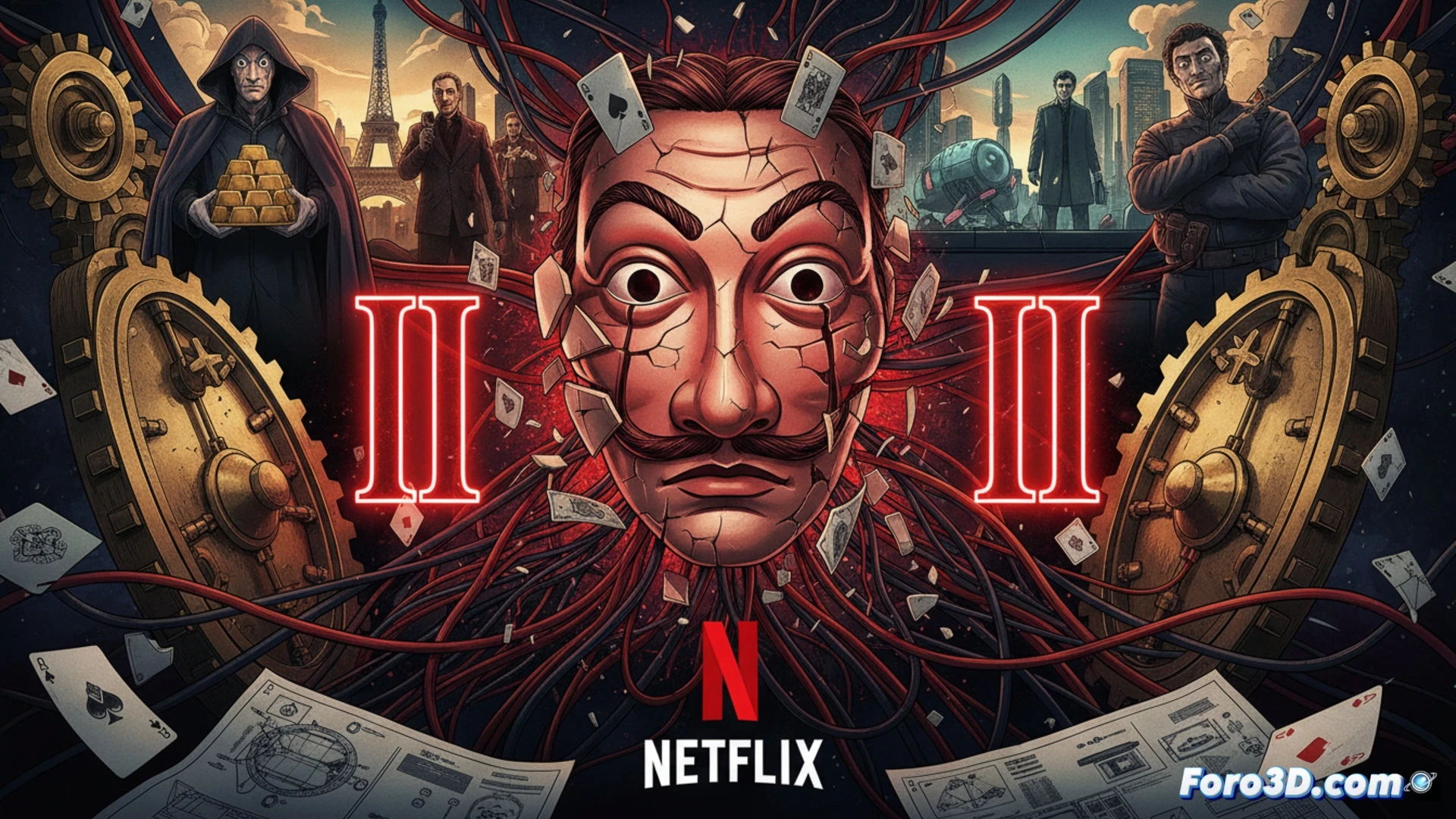 Un montaje oscuro del equipo de La Casa de Papel, con la máscara de Dalí y lingotes de oro sobre planos del Banco de España.