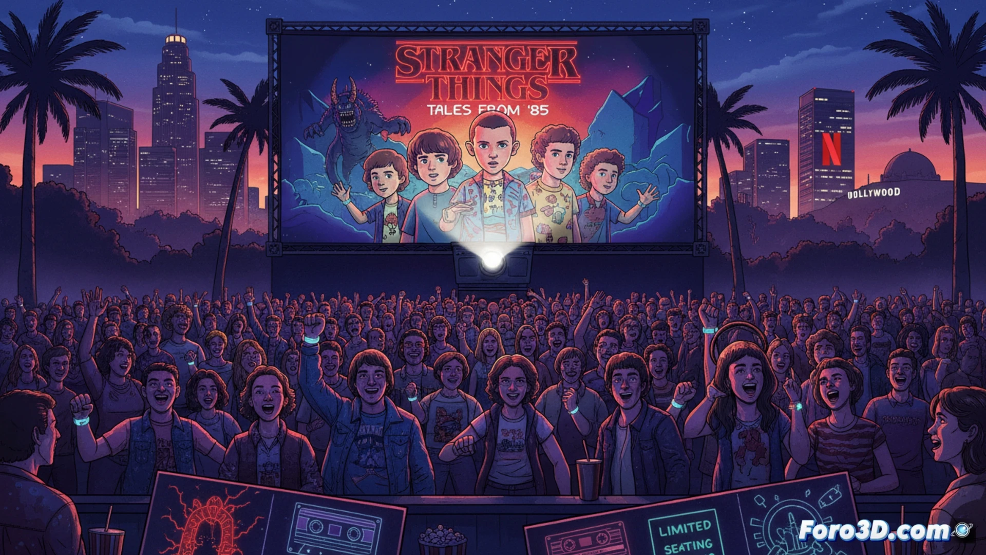 Retro movie theater facade glowing neon sign 1985, young teens holding walkie-talkies and flashlights entering through velvet ropes, ticket booth with old-fashioned cash register, film projector beam cutting through dark lobby, cinematic photorealistic render, dramatic purple and teal lighting, fog machine haze, vintage arcade machines visible inside, popcorn machine steam rising, technical details on 35mm film reels and projection lens, action of fans rushing toward screening room doors, ultra-detailed architectural elements, nostalgic evening street scene with palm trees
