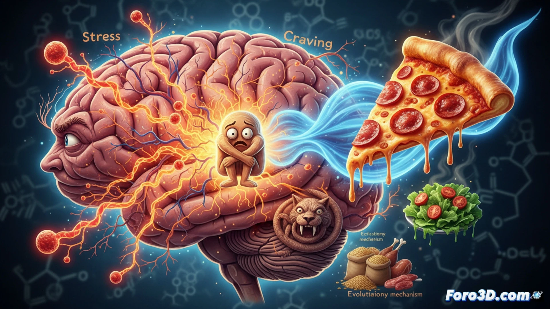 Cerebro humano con pizza y ensalada en balanza, estrés representado por relámpagos, concepto de neurobiología alimentaria 3D.