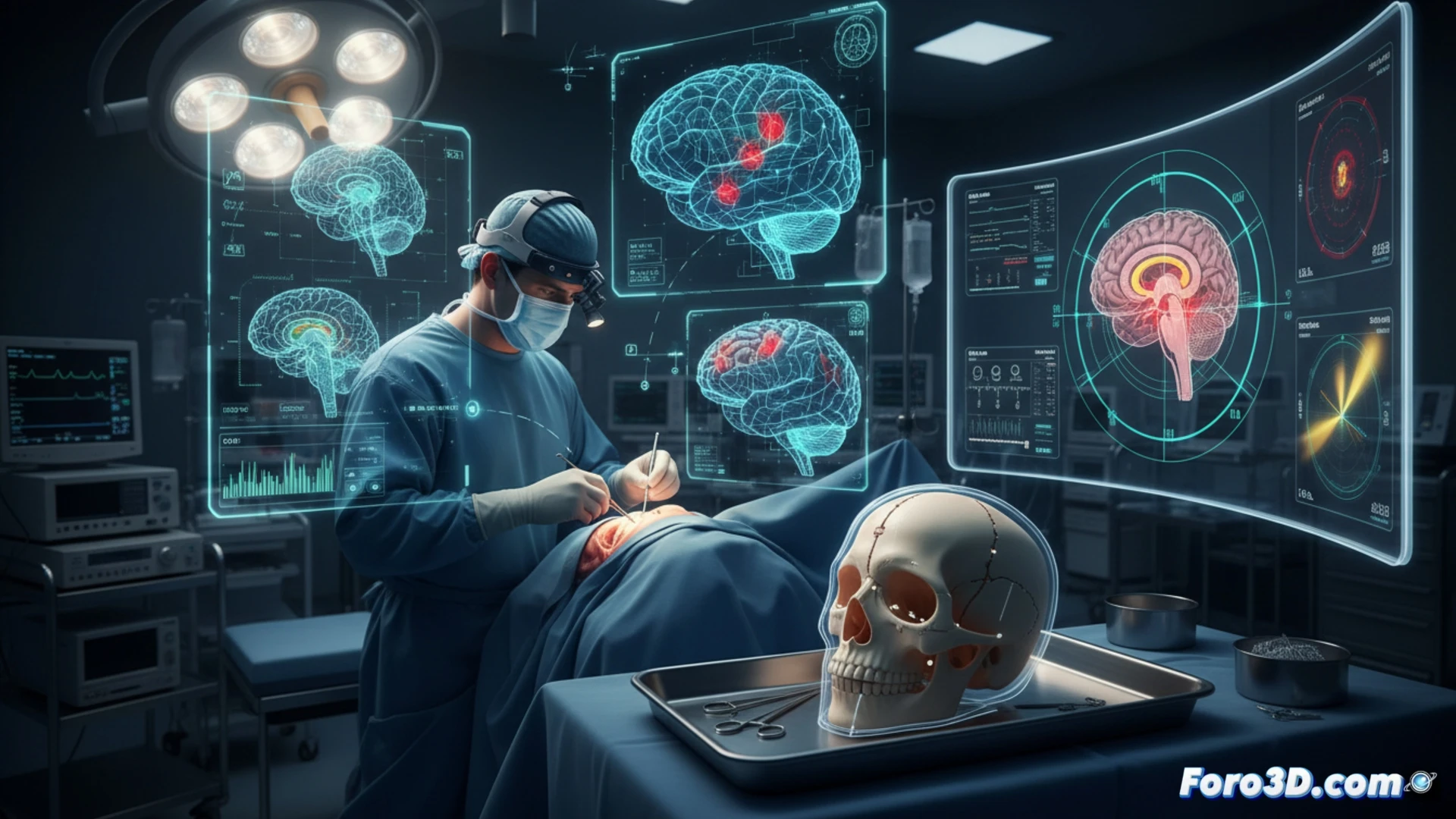 Un neurocirujano examina un modelo 3D translúcido del cerebro humano, iluminado con detalles de un tumor, mientras sostiene un bisturí láser sobre la réplica impresa.