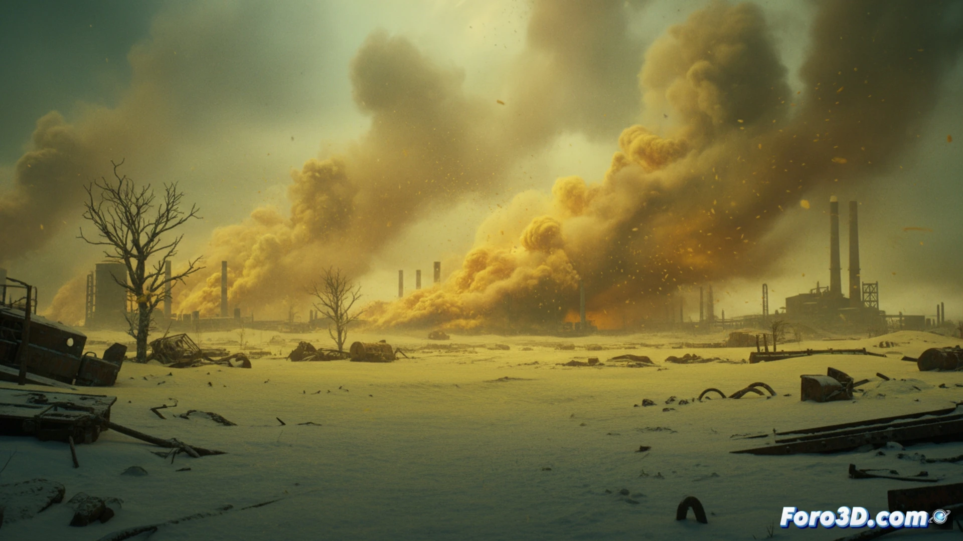 Simulación 3D de nieve amarilla tóxica sobre paisaje industrial en Binzhou, China, con partículas químicas dispersándose