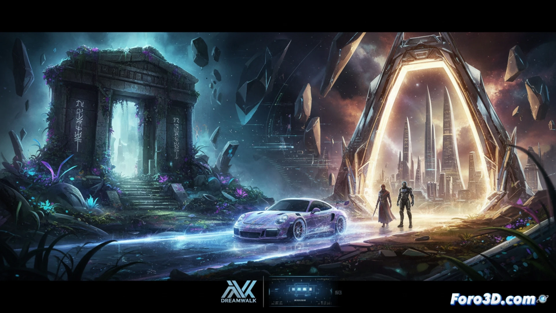 urban dreamscape corridor at twilight, glowing Porsche sports car drifting through a digital portal, two stylized characters running alongside with neon weapon effects, holographic game interface panels floating in midair, mobile device screen showing touch controls overlay, Steam and Epic Games Store logos projected as holographic banners, particle effects from dreamwalk ability activating, cinematic game art style, volumetric lighting through corridor arches, reflective wet ground with neon streaks, high-angle action shot demonstrating movement and combat flow, photorealistic game engine render