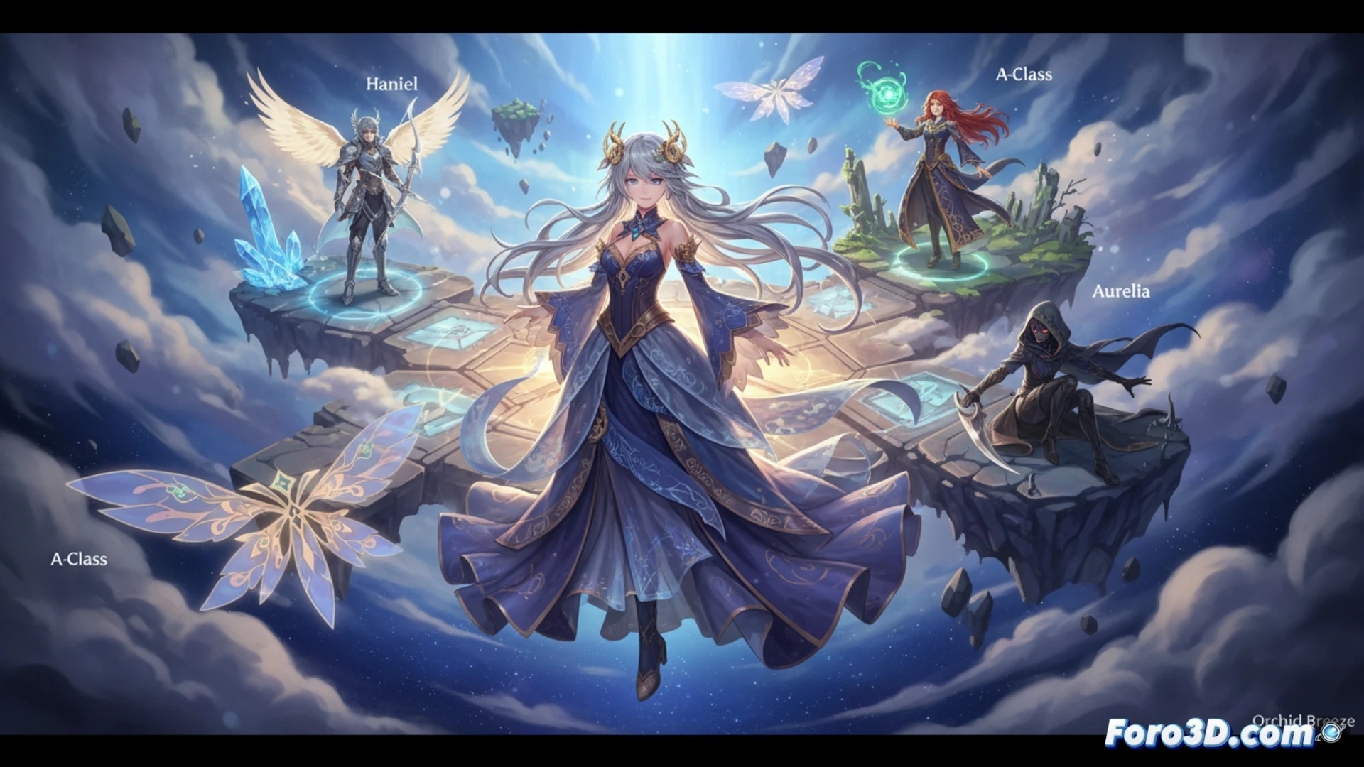 Una imagen nocturna con Hotori, la Bruja del Tiempo, flotando sobre un tablero neblinoso azul, rodeada de Haniel, Aurelia y Skia. Al fondo, el planeador Brisa de orquídea y el Blizzard-V4 Neblina de otoño brillan con un resplandor místico.
